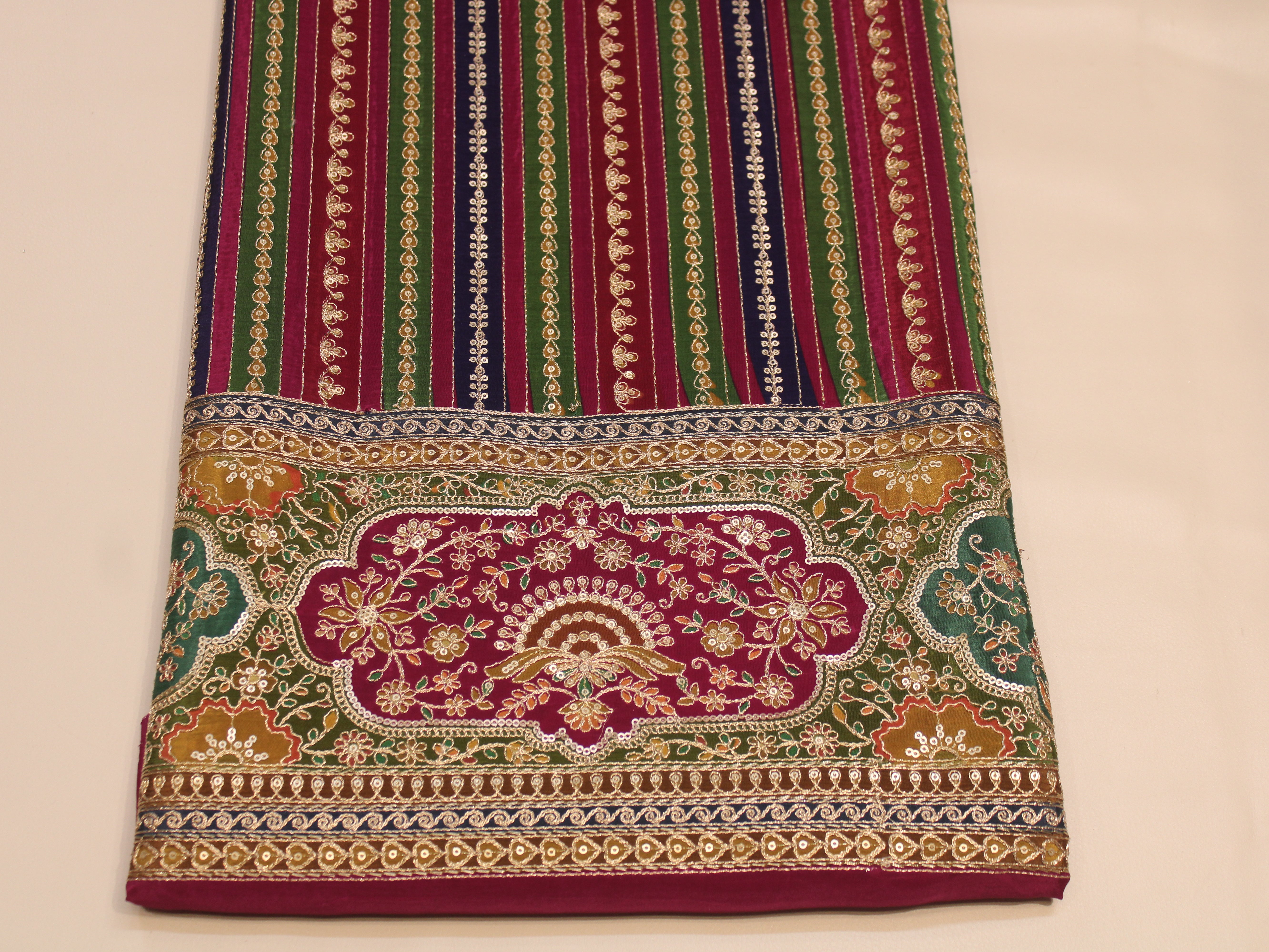 Natural Crepe fabric with Position & Cording Work - Blue & Magenta | Gold Zari Embroidery