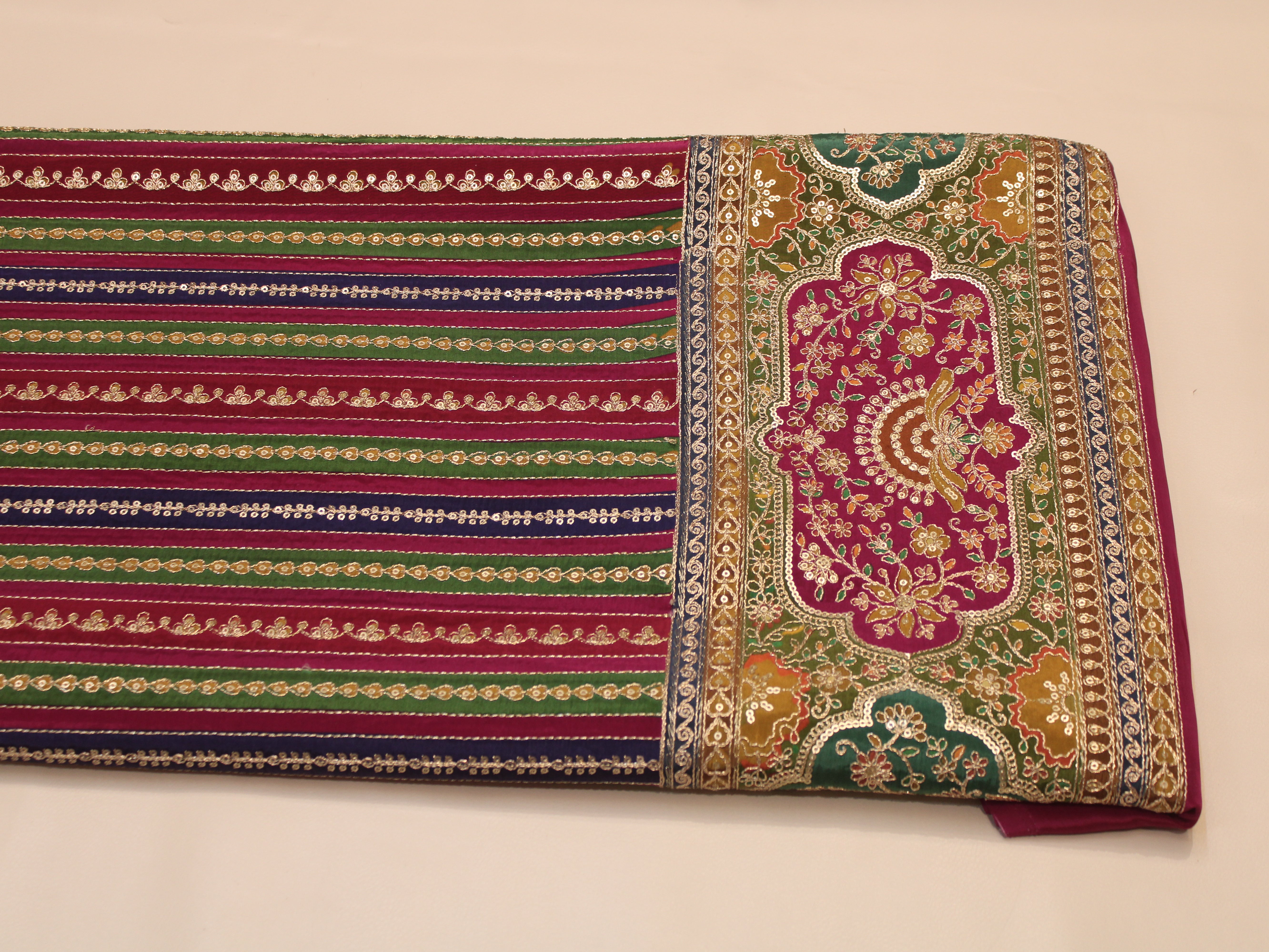 Natural Crepe fabric with Position & Cording Work - Blue & Magenta | Gold Zari Embroidery