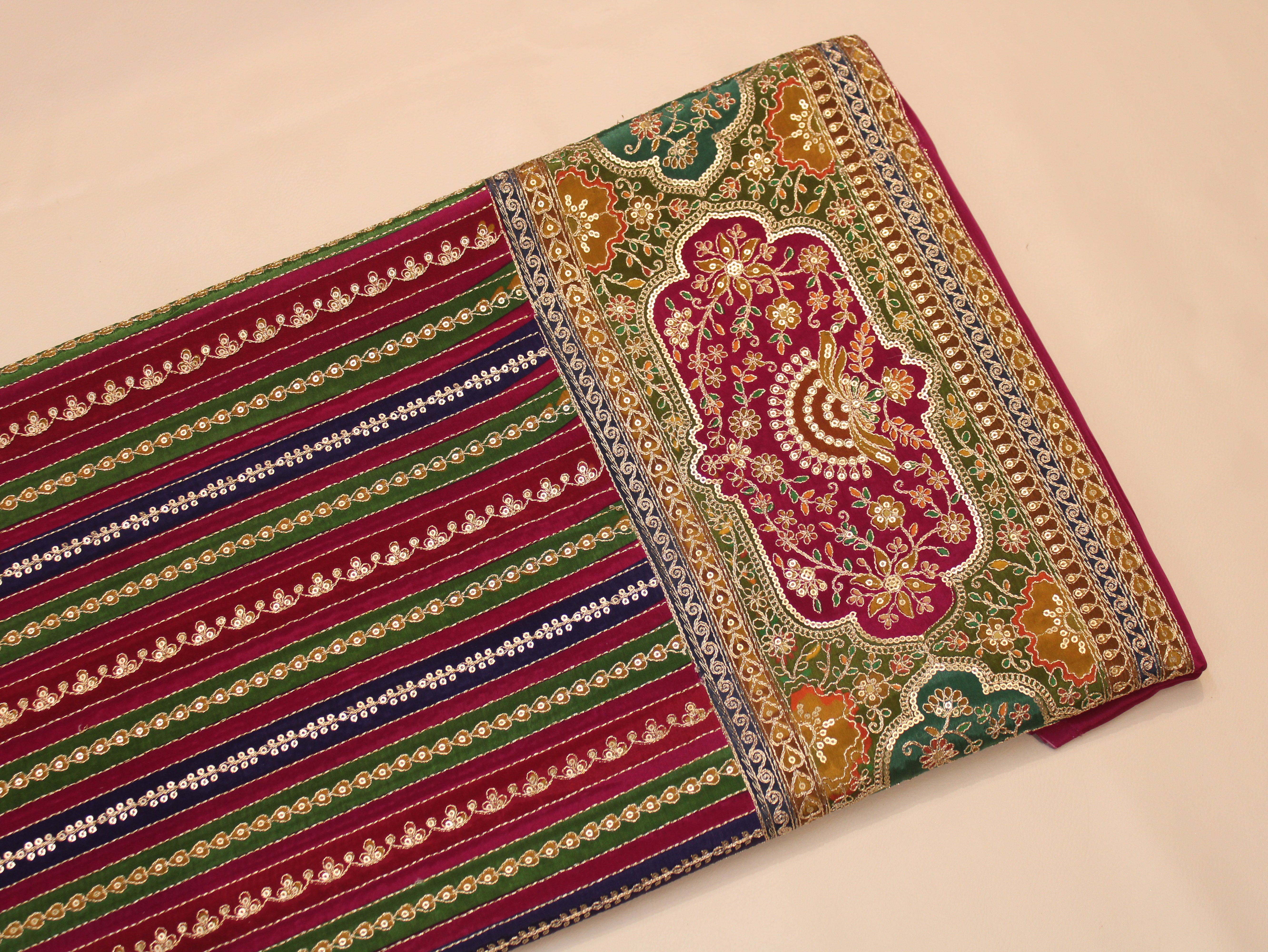 Natural Crepe fabric with Position & Cording Work - Blue & Magenta | Gold Zari Embroidery