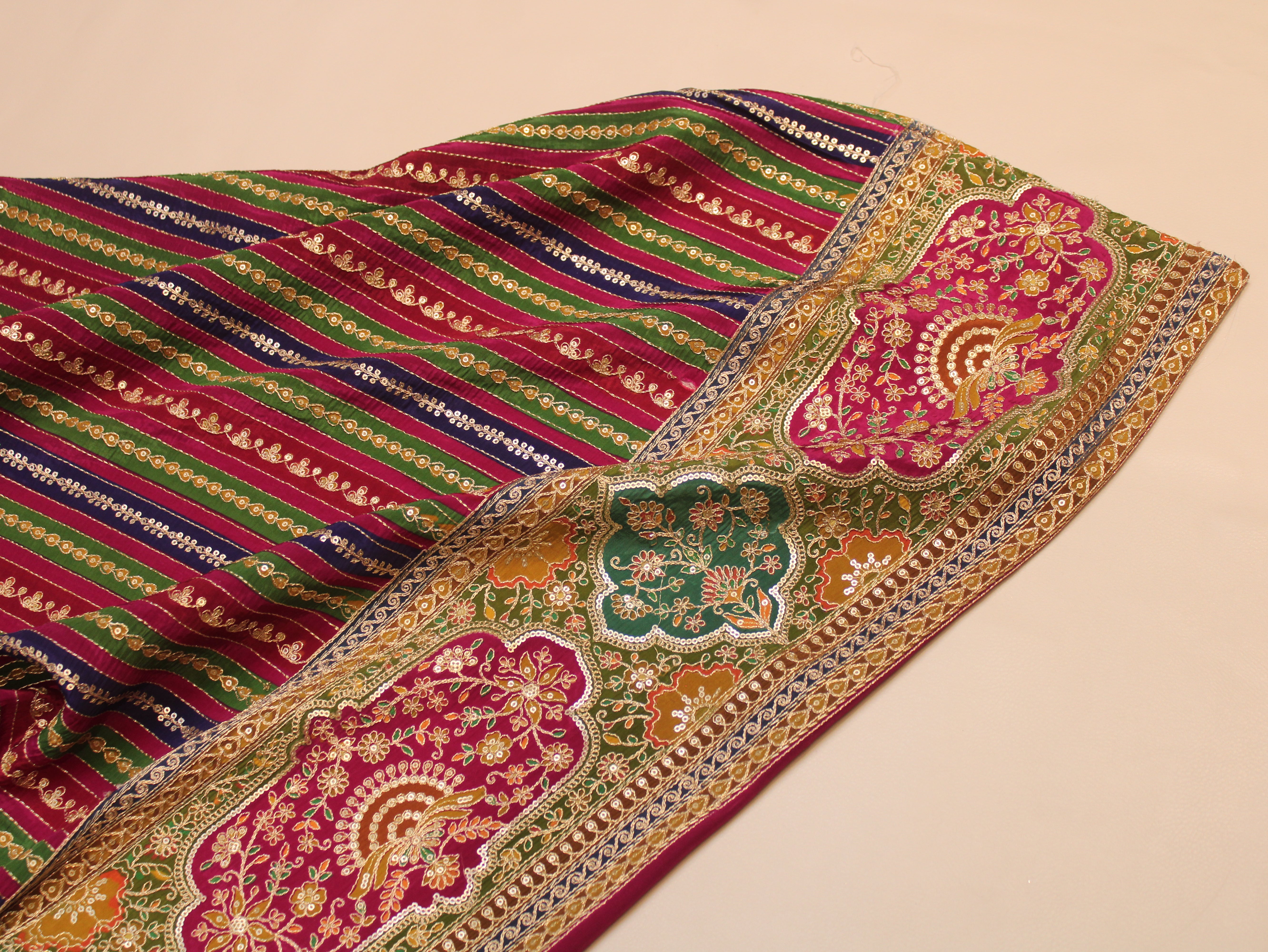 Natural Crepe fabric with Position & Cording Work - Blue & Magenta | Gold Zari Embroidery