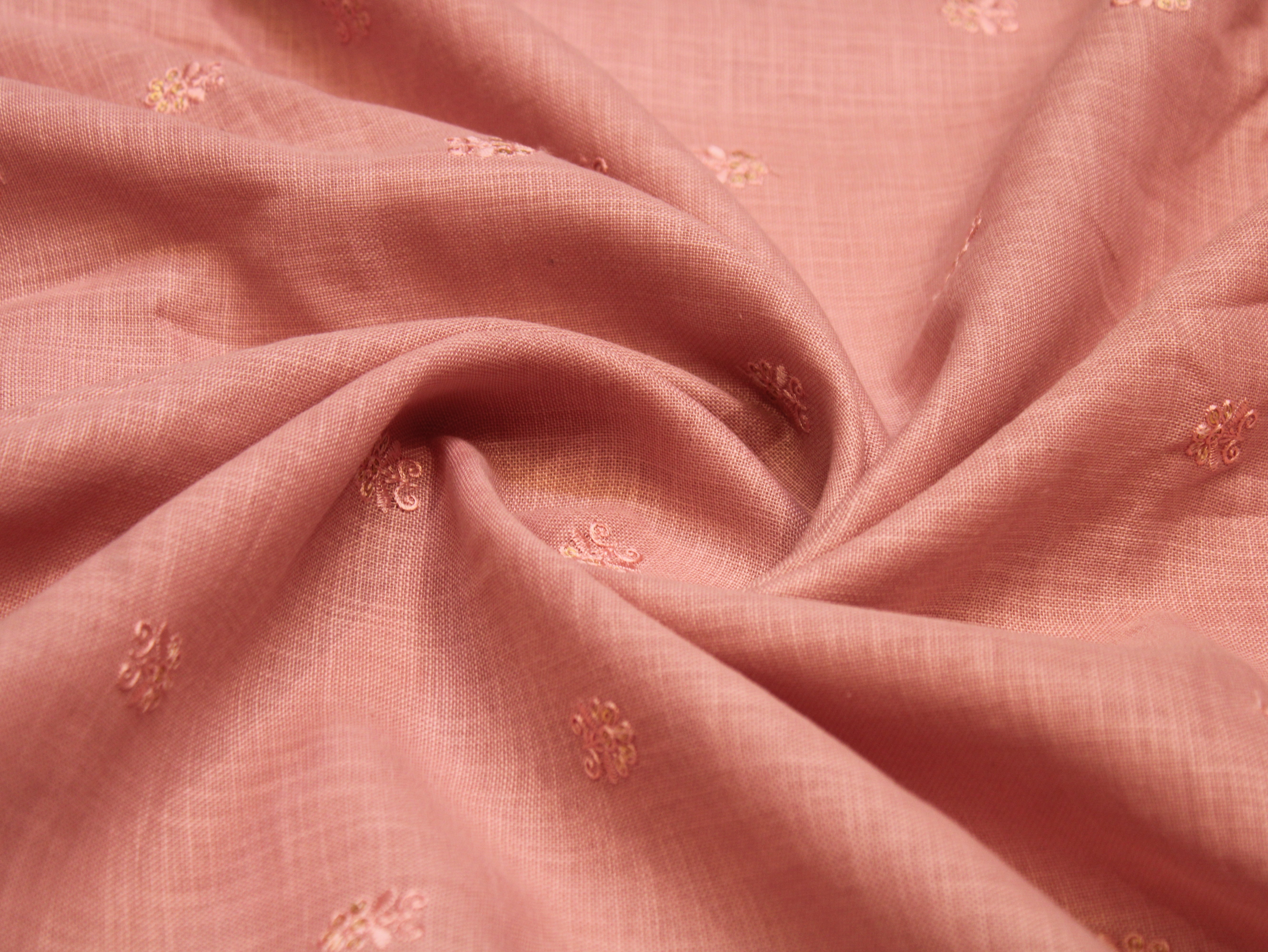 Cotton Linen Texture Fabric with Zari & Thread Motifs Embroidery - Pastel Peach