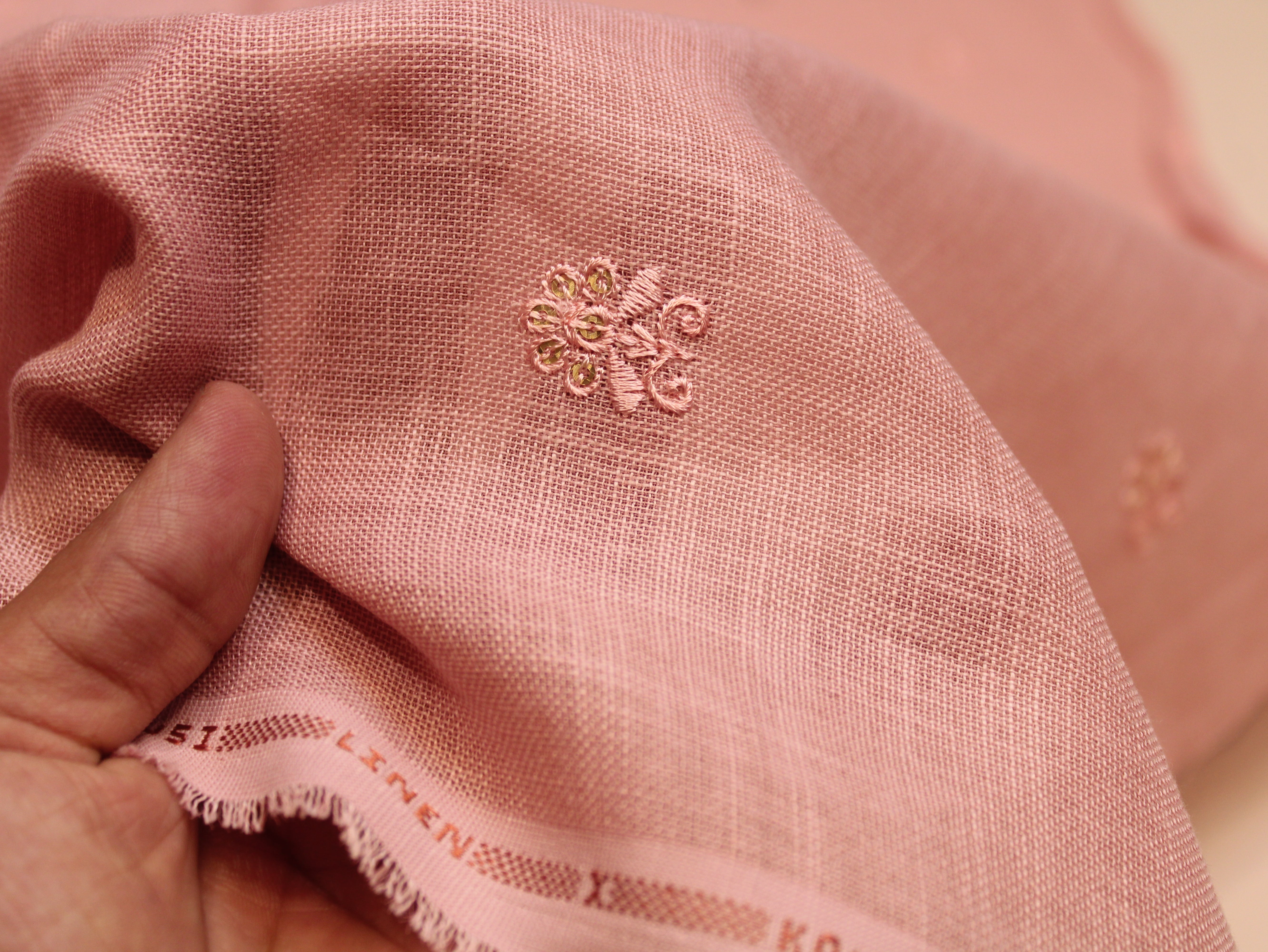 Cotton Linen Texture Fabric with Zari & Thread Motifs Embroidery - Pastel Peach