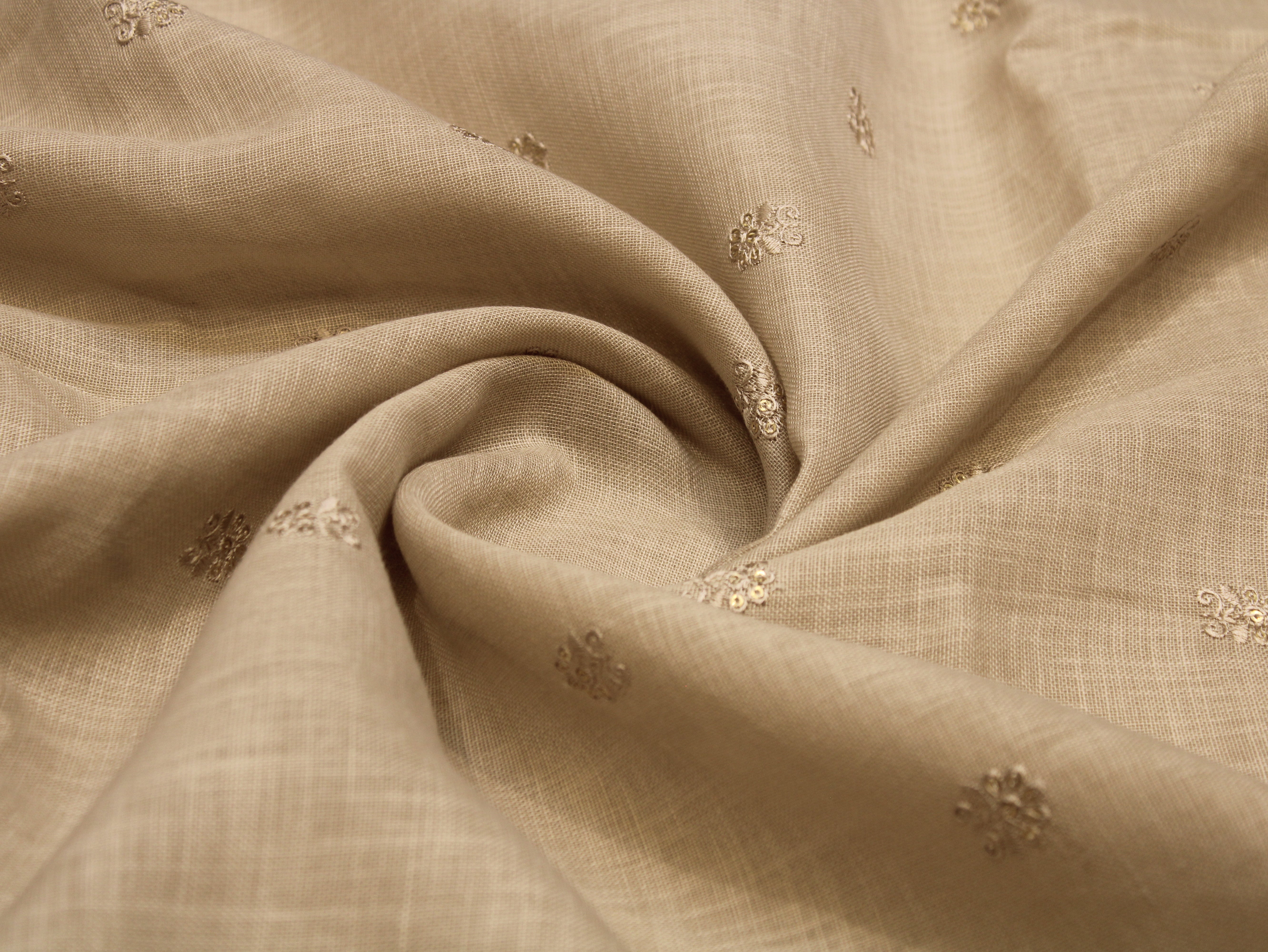 Cotton Linen Texture Fabric with Zari & Thread Motifs Embroidery - Beige