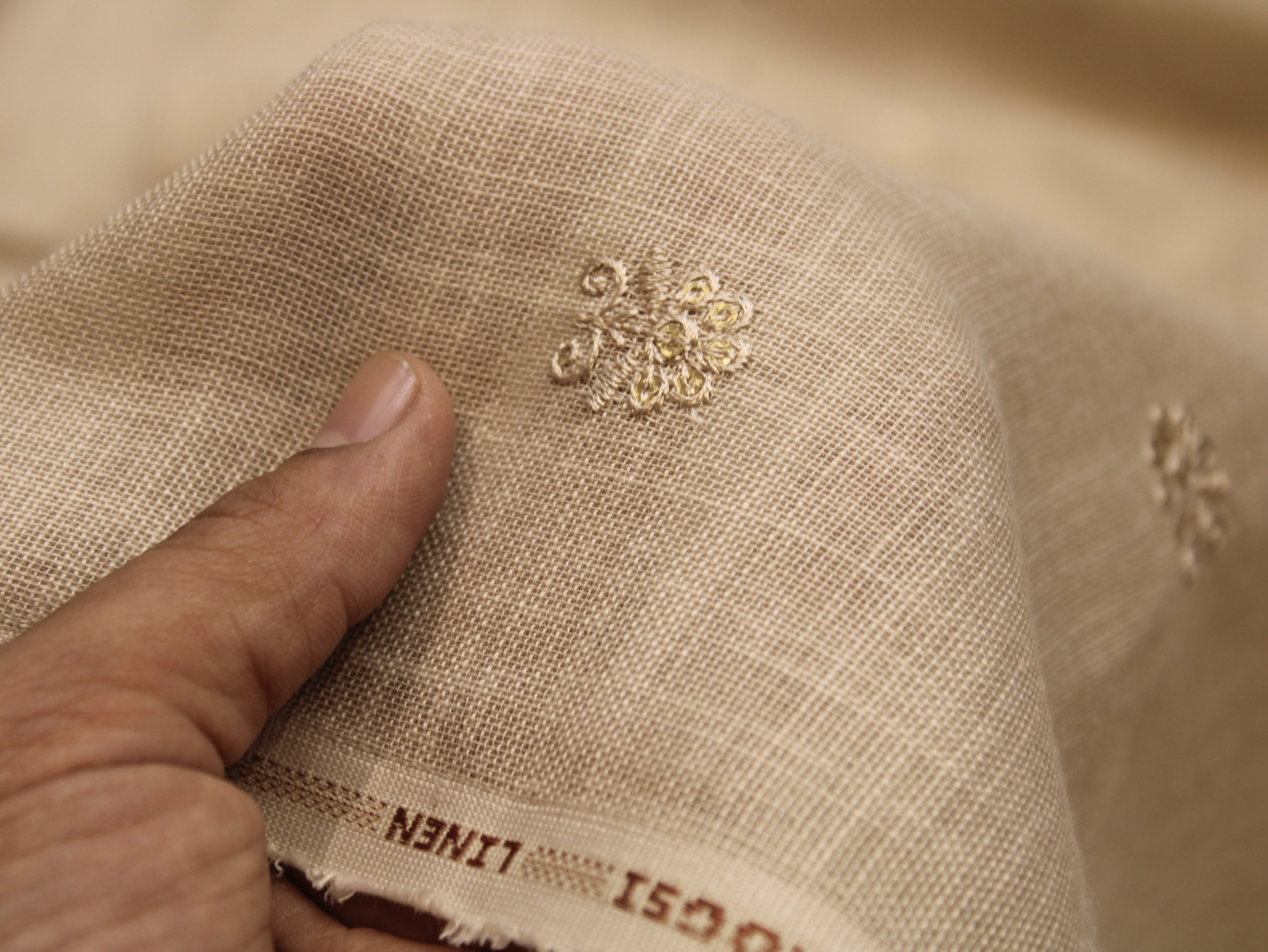 Cotton Linen Texture Fabric with Zari & Thread Motifs Embroidery - Beige