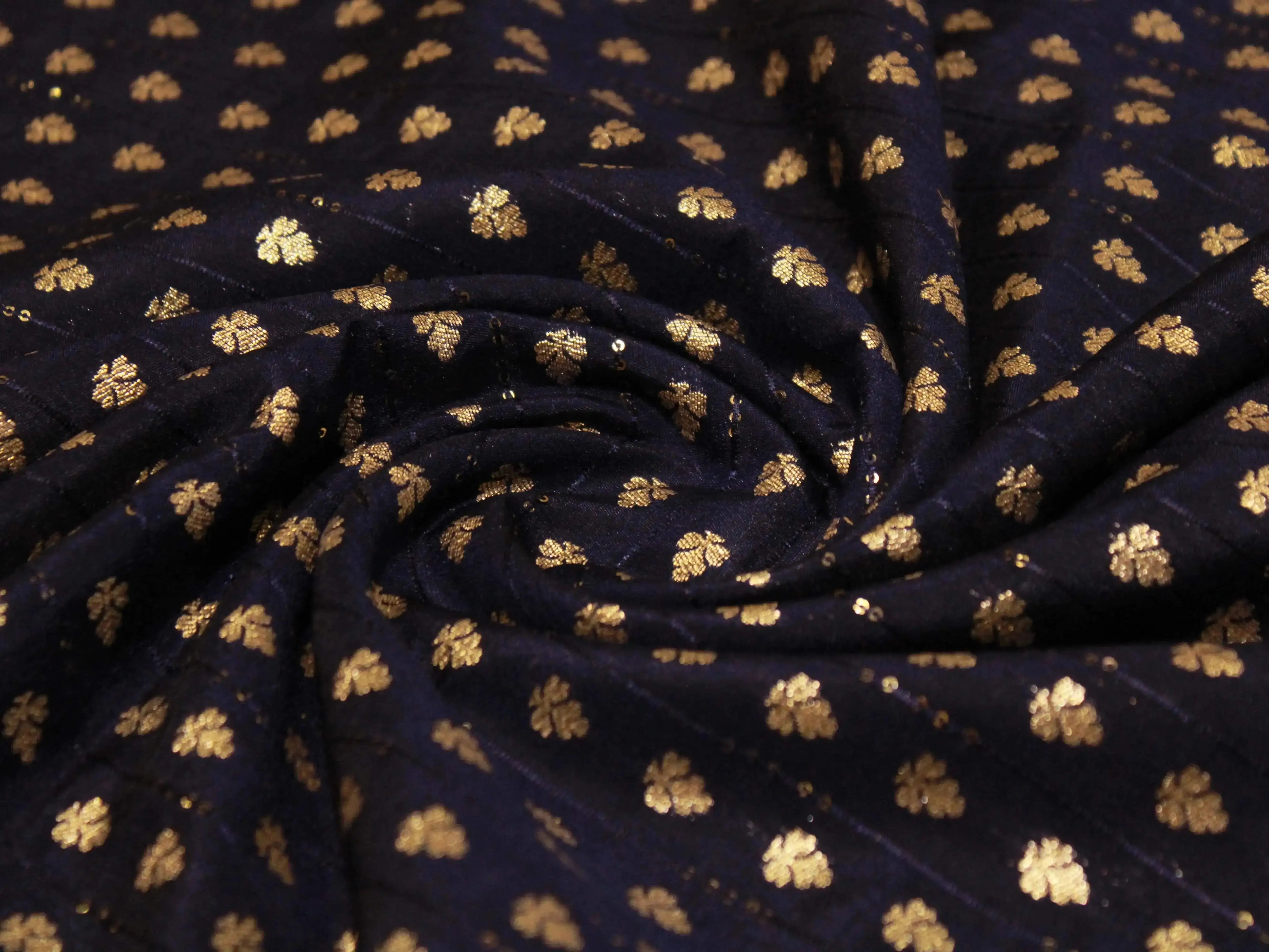 Banarasi Sequin Brocade Fabric - Navy Blue - M'Foks