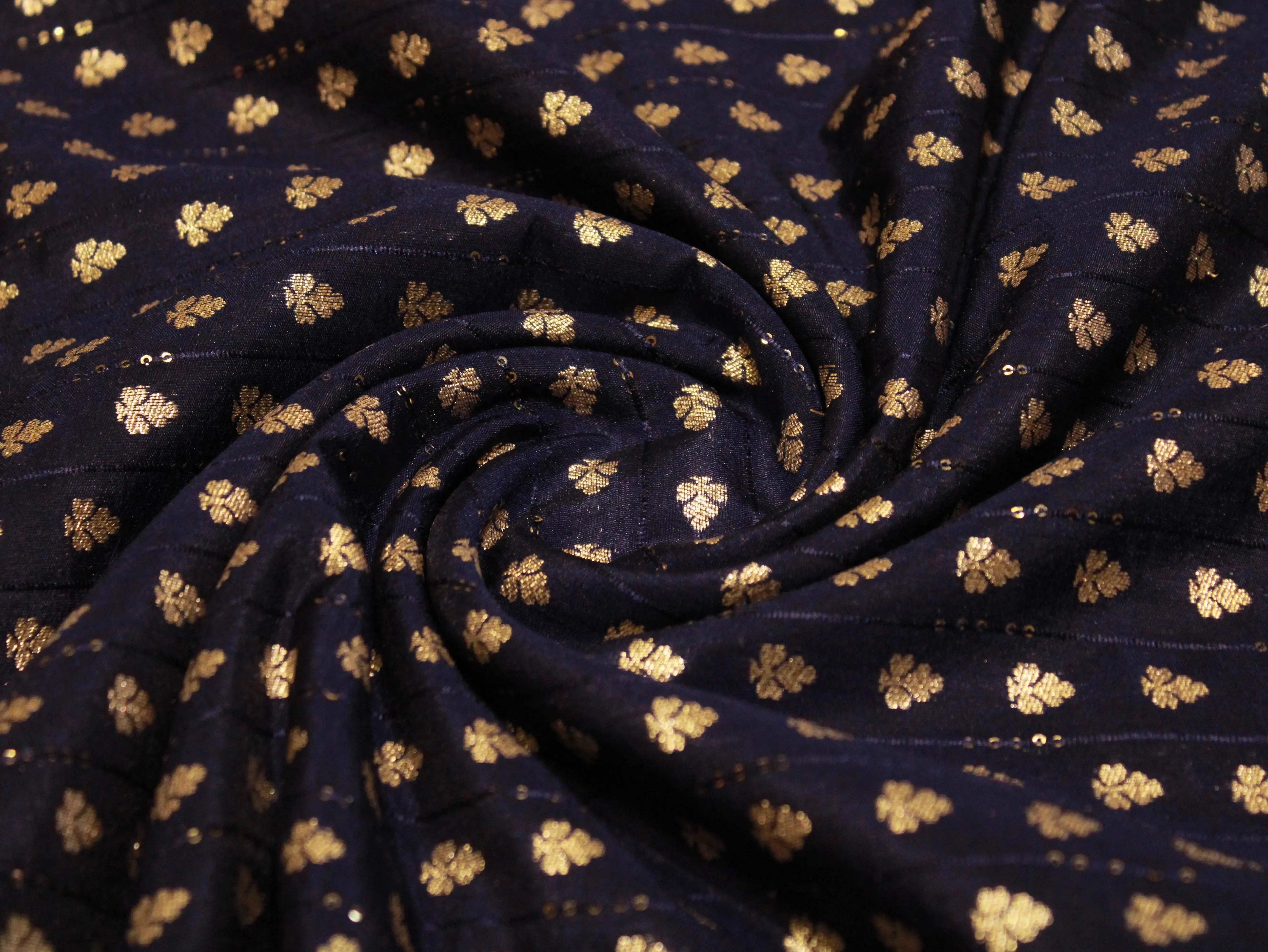 Banarasi Sequin Brocade Fabric - Navy Blue - M'Foks
