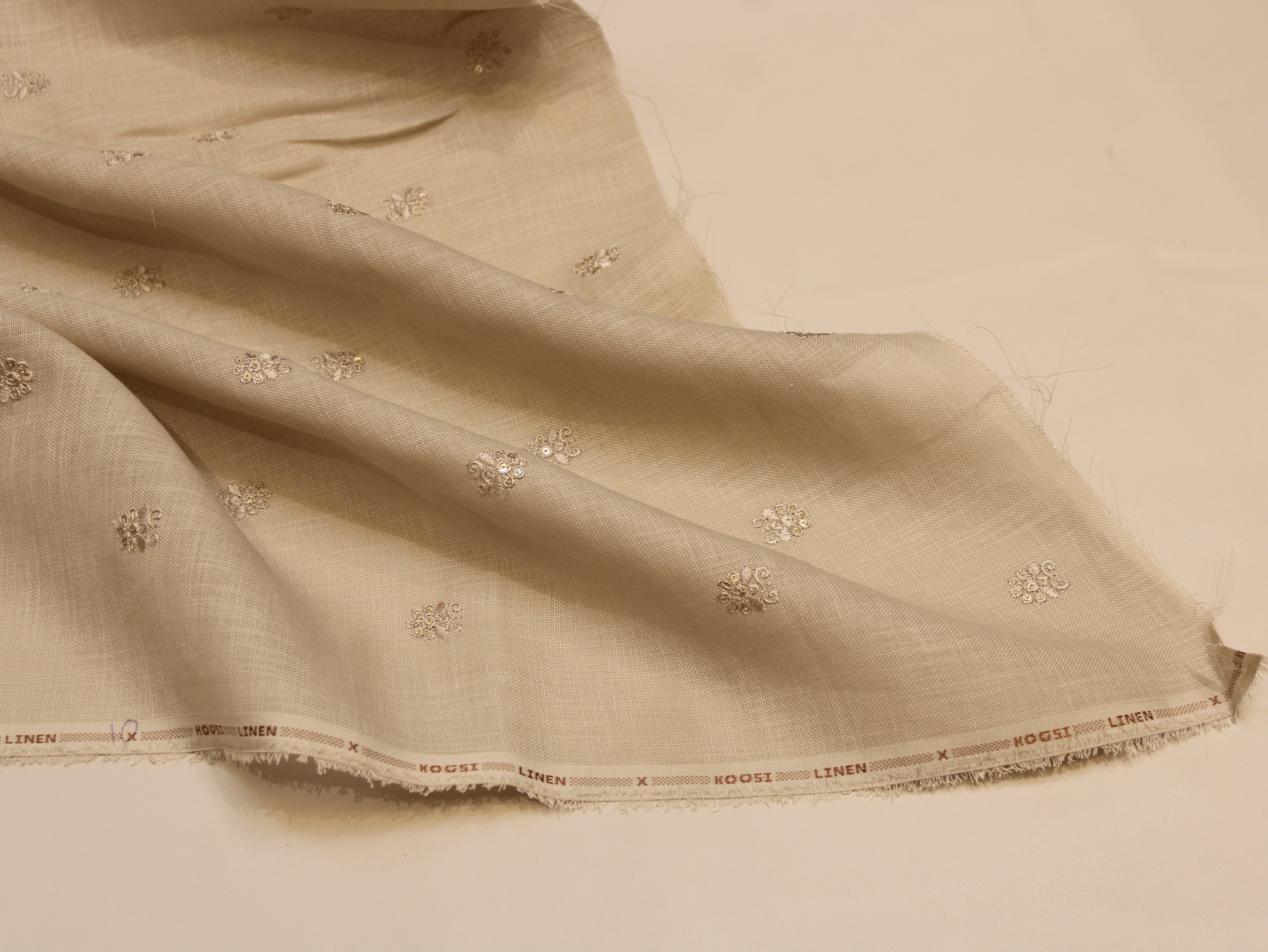 Cotton Linen Texture Fabric with Zari & Thread Motifs Embroidery - Beige