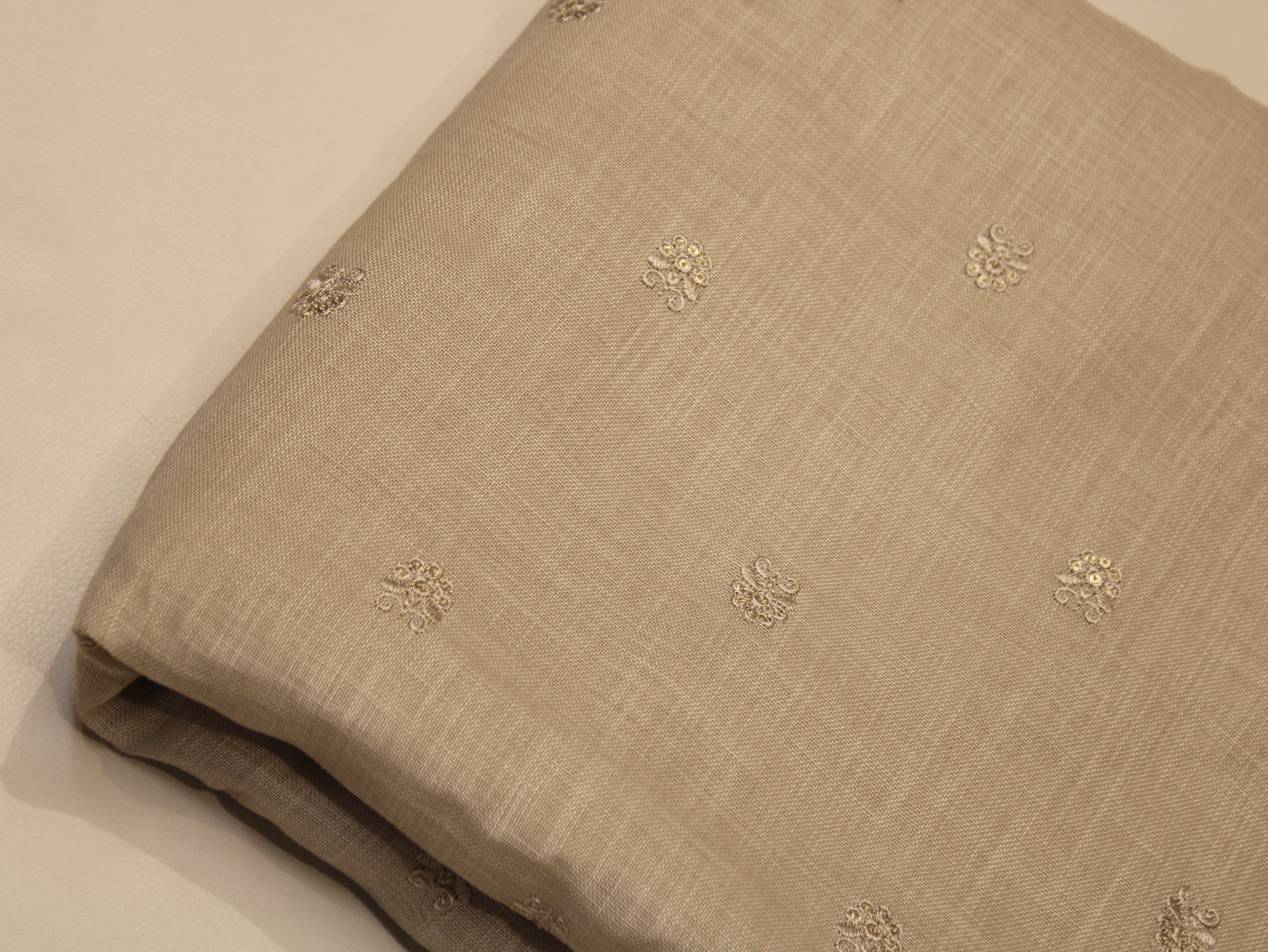 Cotton Linen Texture Fabric with Zari & Thread Motifs Embroidery - Beige