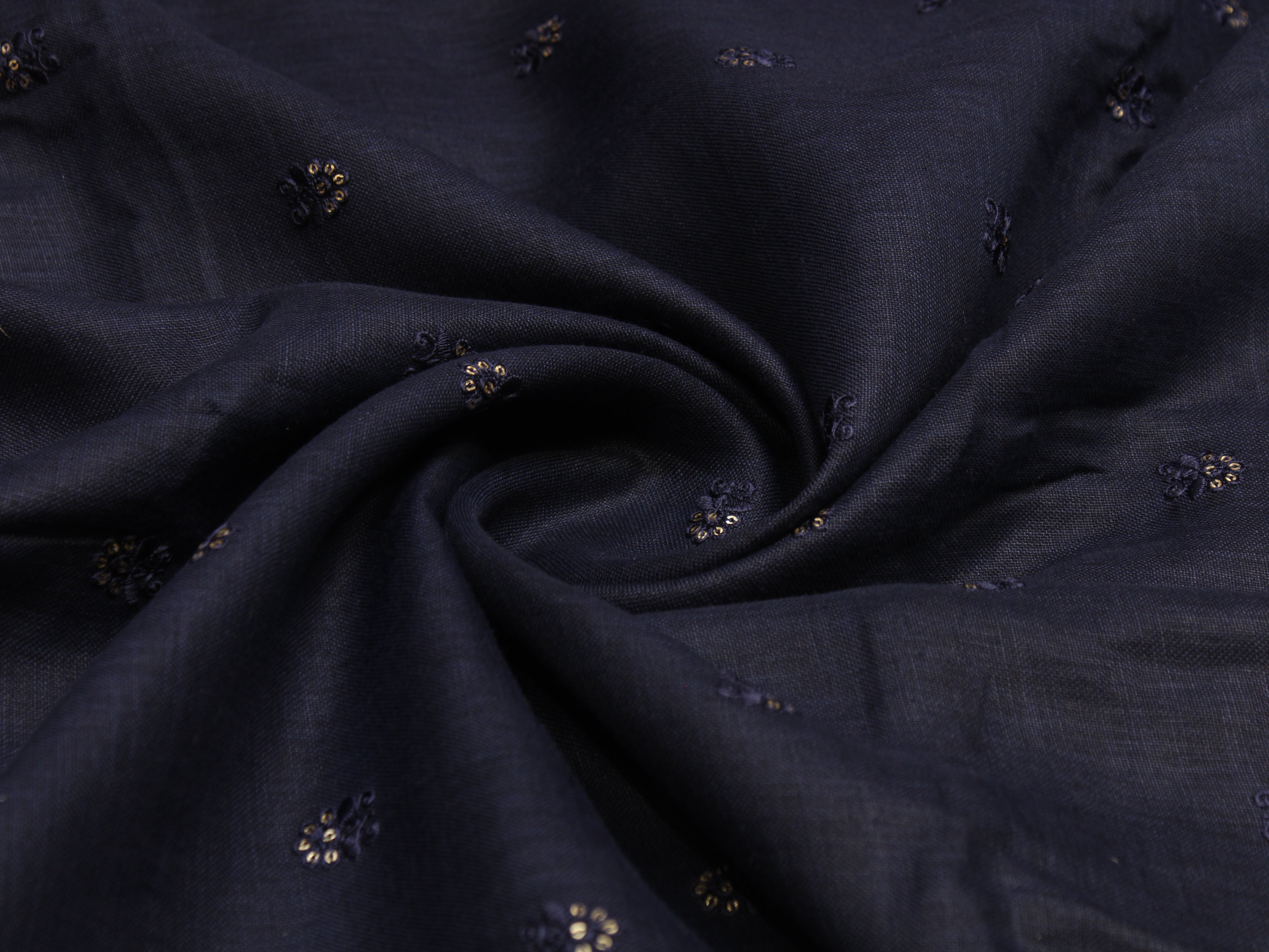 Cotton Linen Texture Fabric with Zari & Thread Motifs Embroidery - Navy Blue