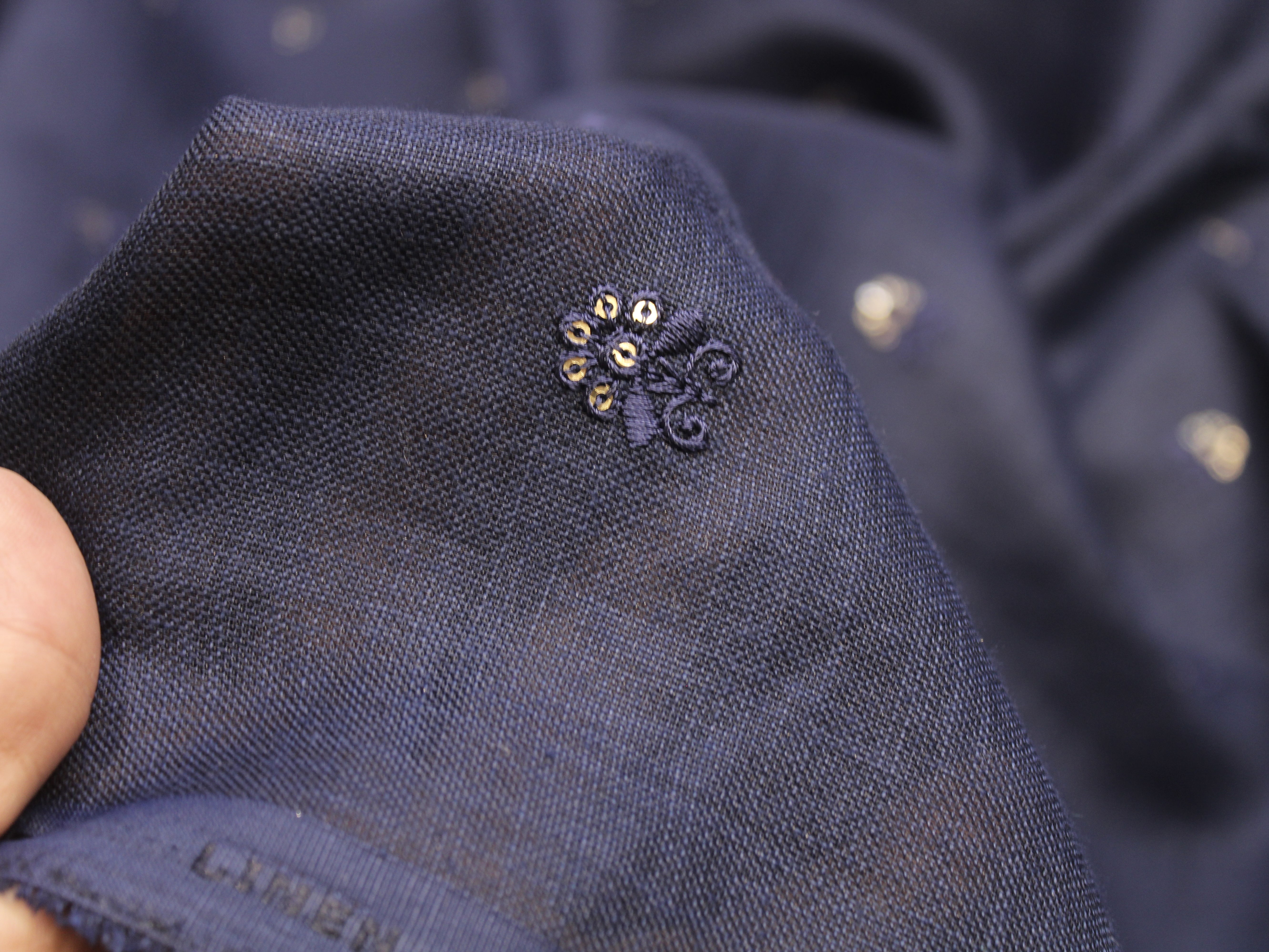Cotton Linen Texture Fabric with Zari & Thread Motifs Embroidery - Navy Blue