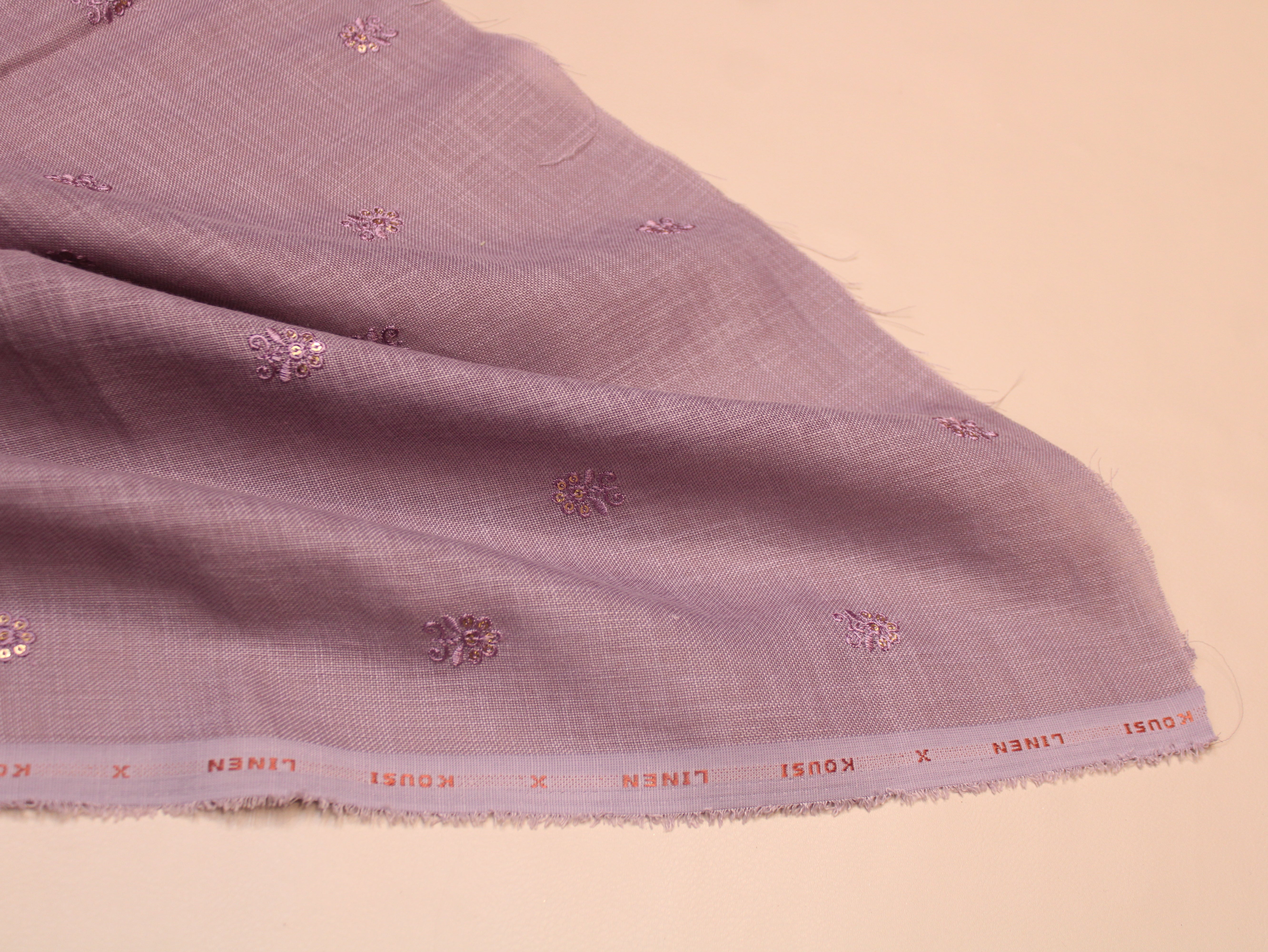 Cotton Linen Texture Fabric with Zari & Thread Motifs Embroidery - Lavender