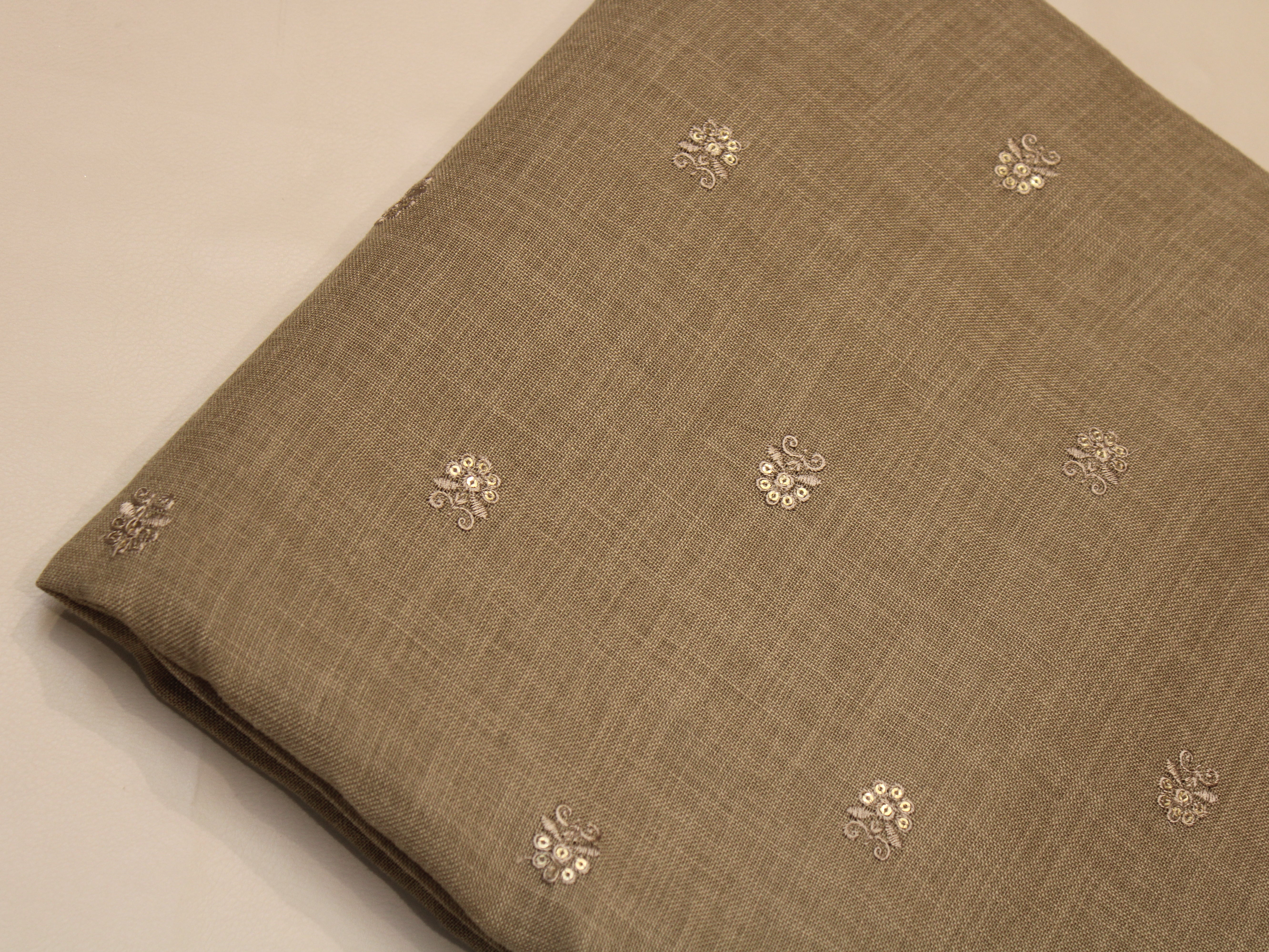 Cotton Linen Texture Fabric with Zari & Thread Motifs Embroidery - Sand Brown