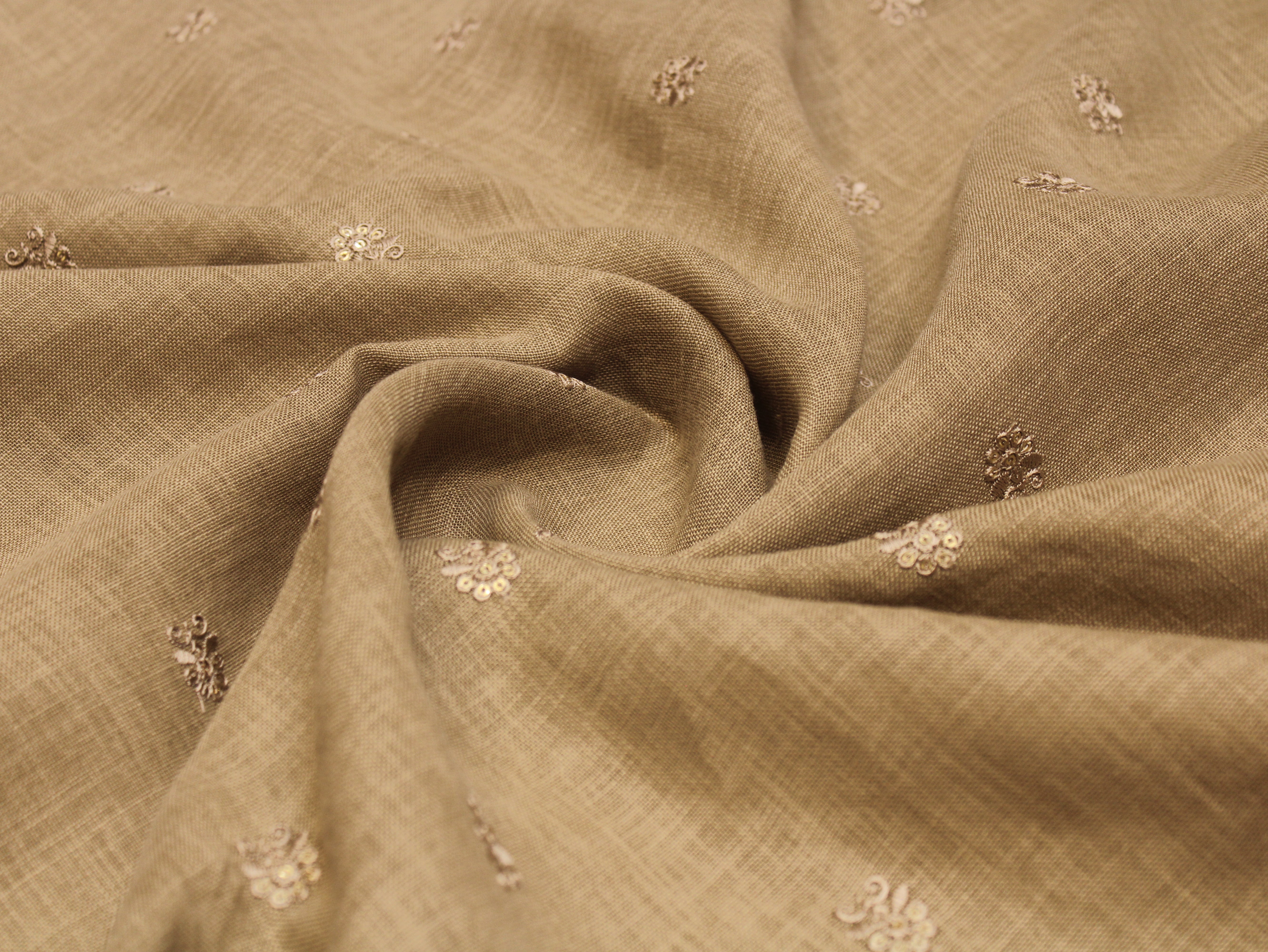 Cotton Linen Texture Fabric with Zari & Thread Motifs Embroidery - Sand Brown