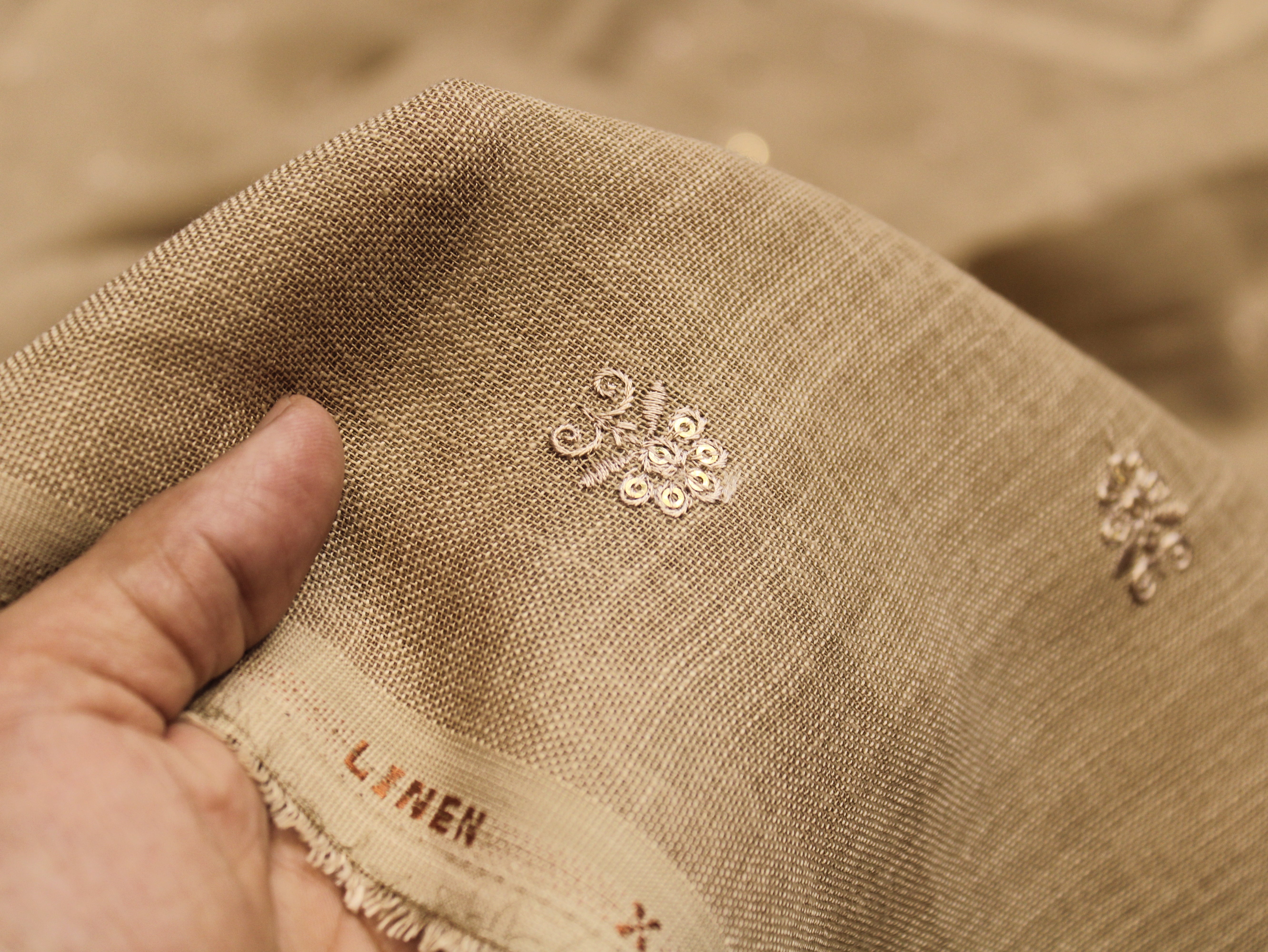 Cotton Linen Texture Fabric with Zari & Thread Motifs Embroidery - Sand Brown