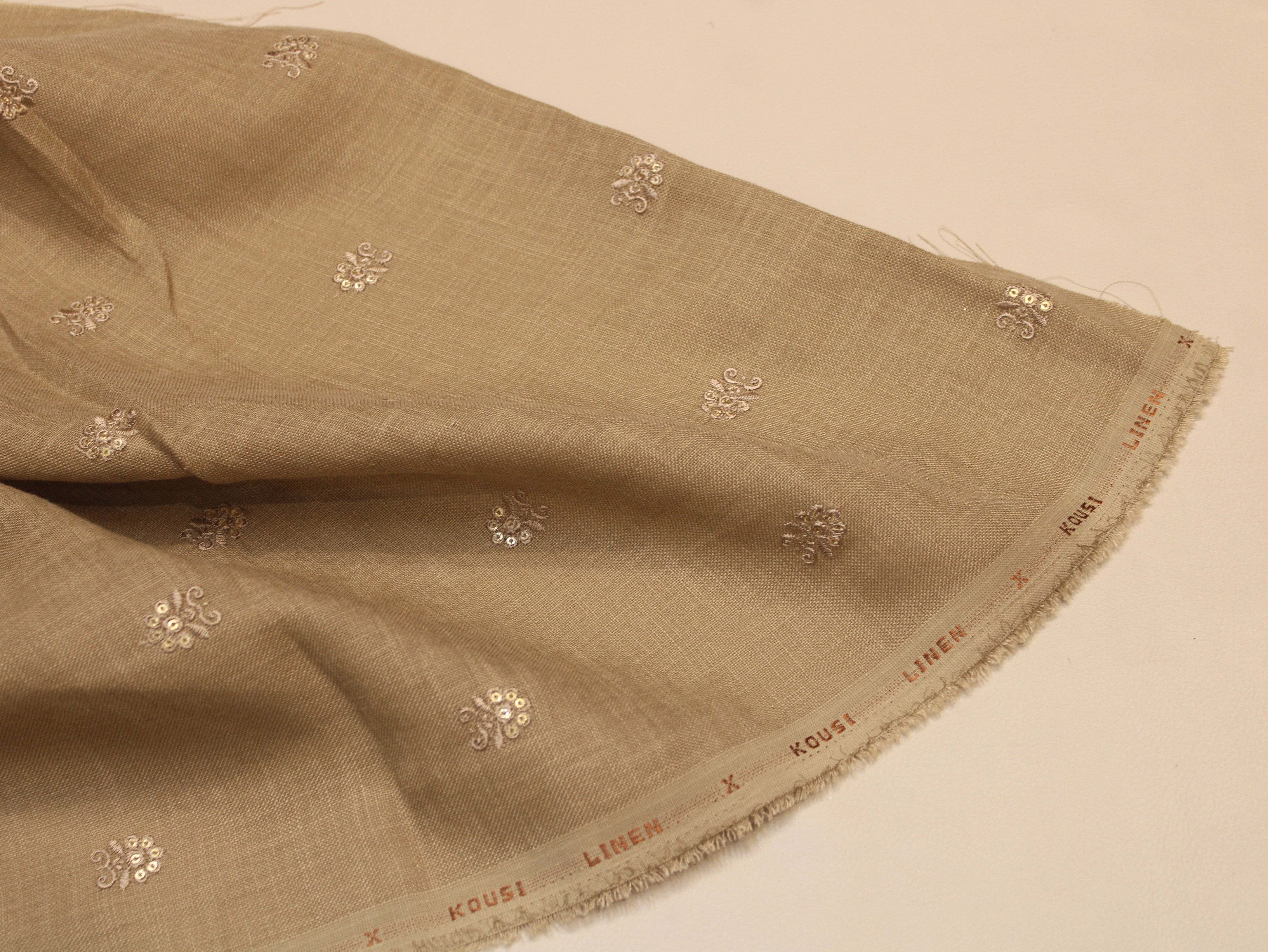 Cotton Linen Texture Fabric with Zari & Thread Motifs Embroidery - Sand Brown