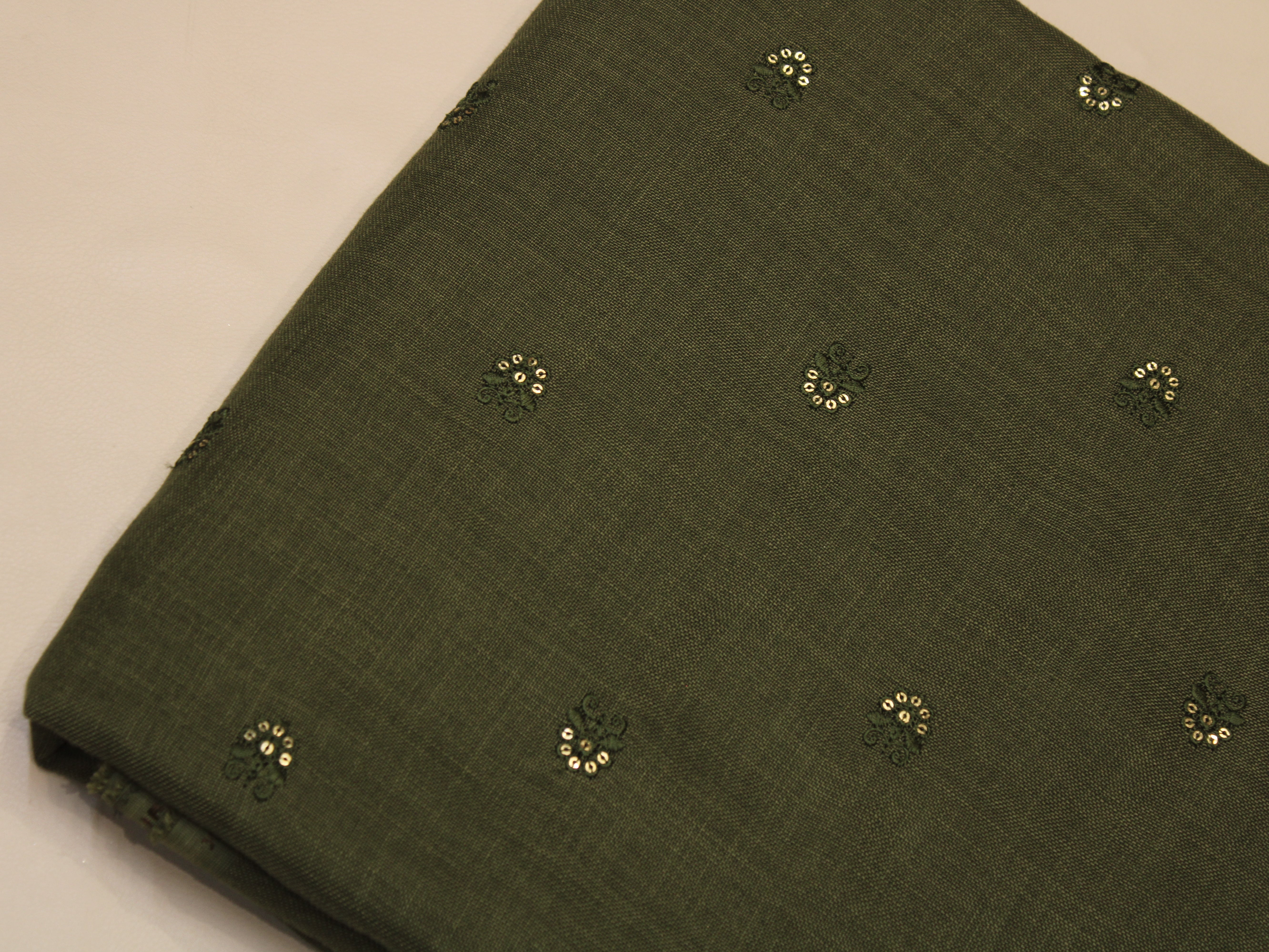 Cotton Linen Texture Fabric with Zari & Thread Motifs Embroidery - Emerald Green