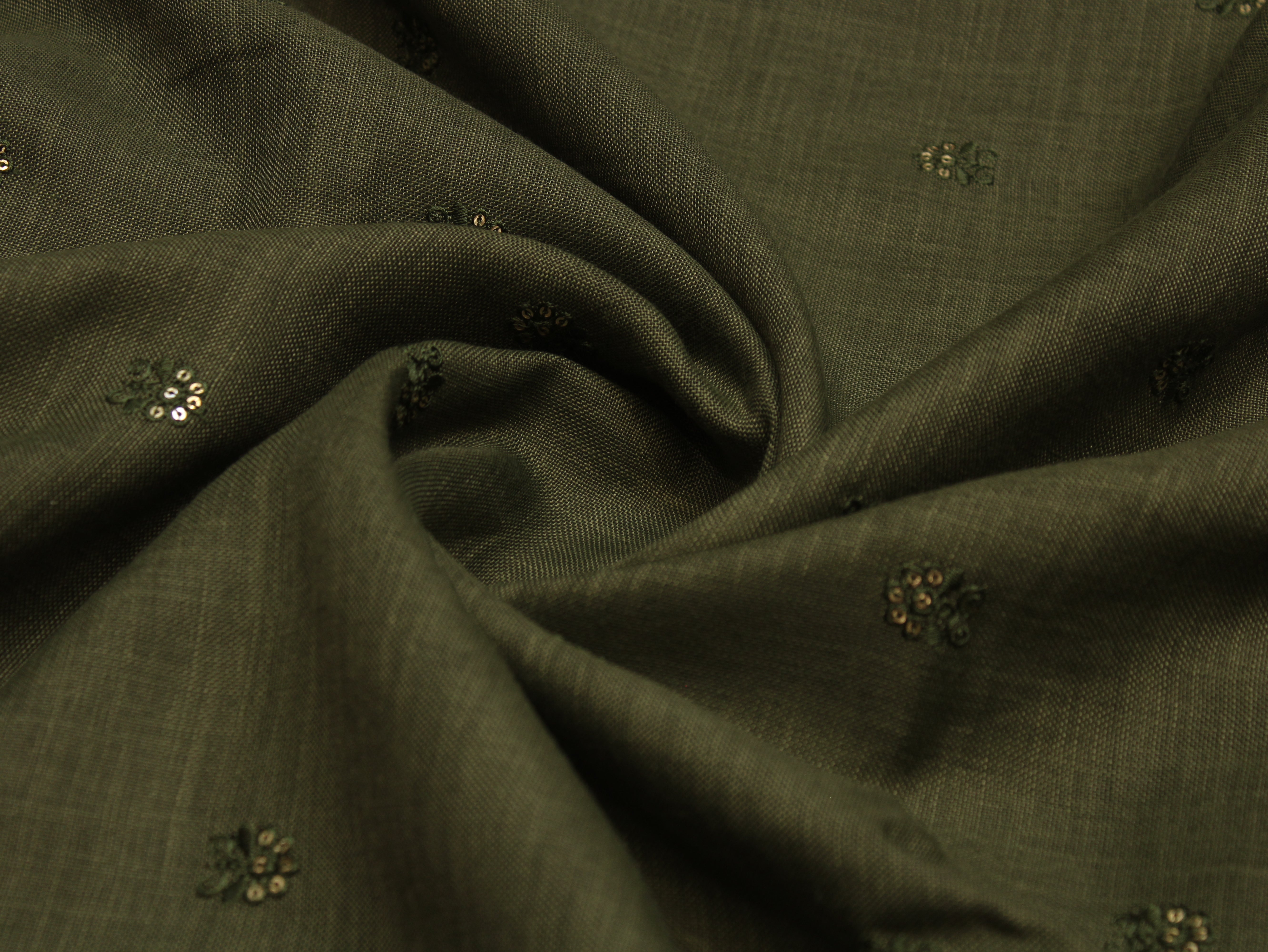 Cotton Linen Texture Fabric with Zari & Thread Motifs Embroidery - Emerald Green