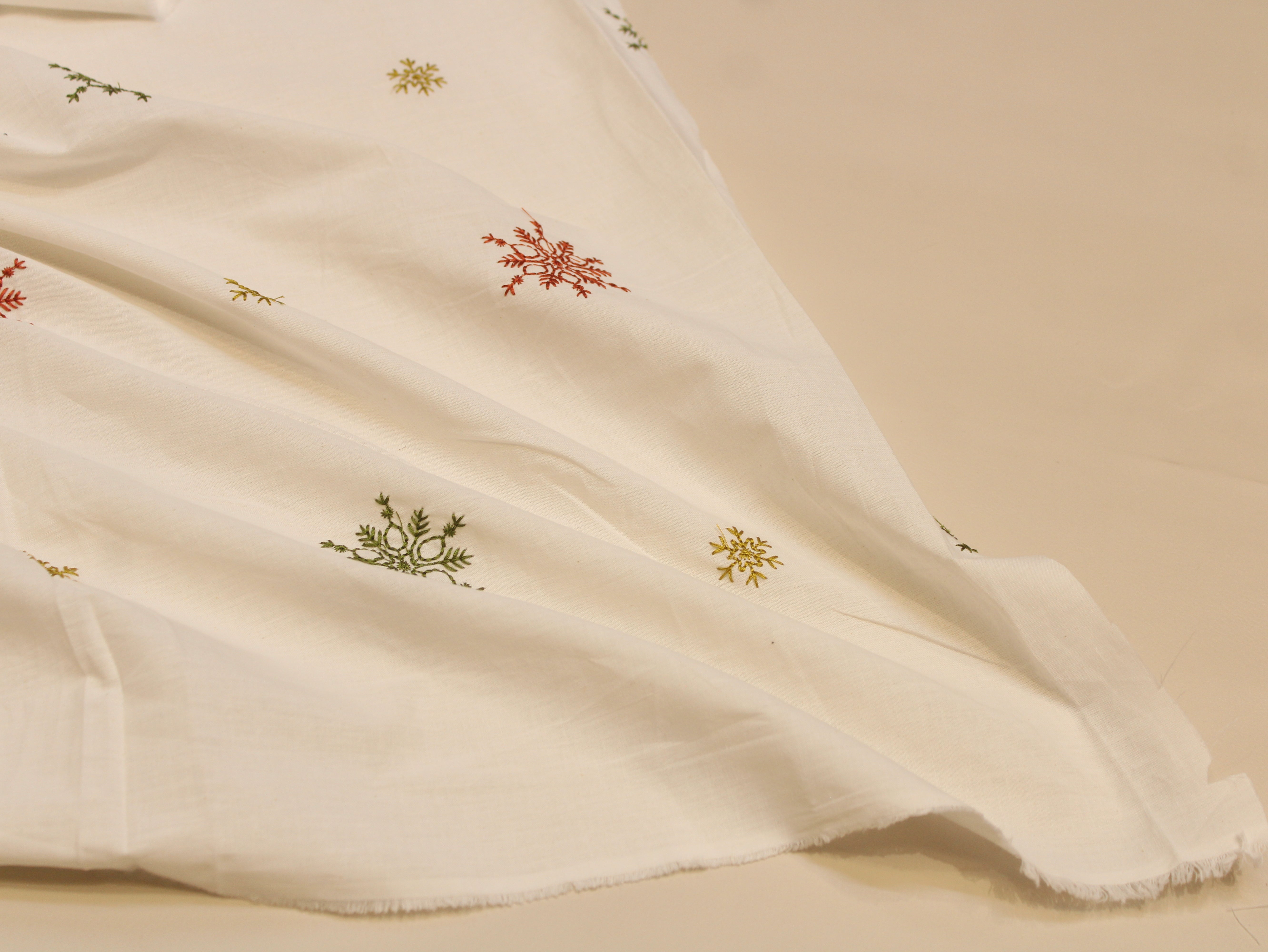 Dabu Cotton Thread Embroidered Fabric - 44 Inches - White