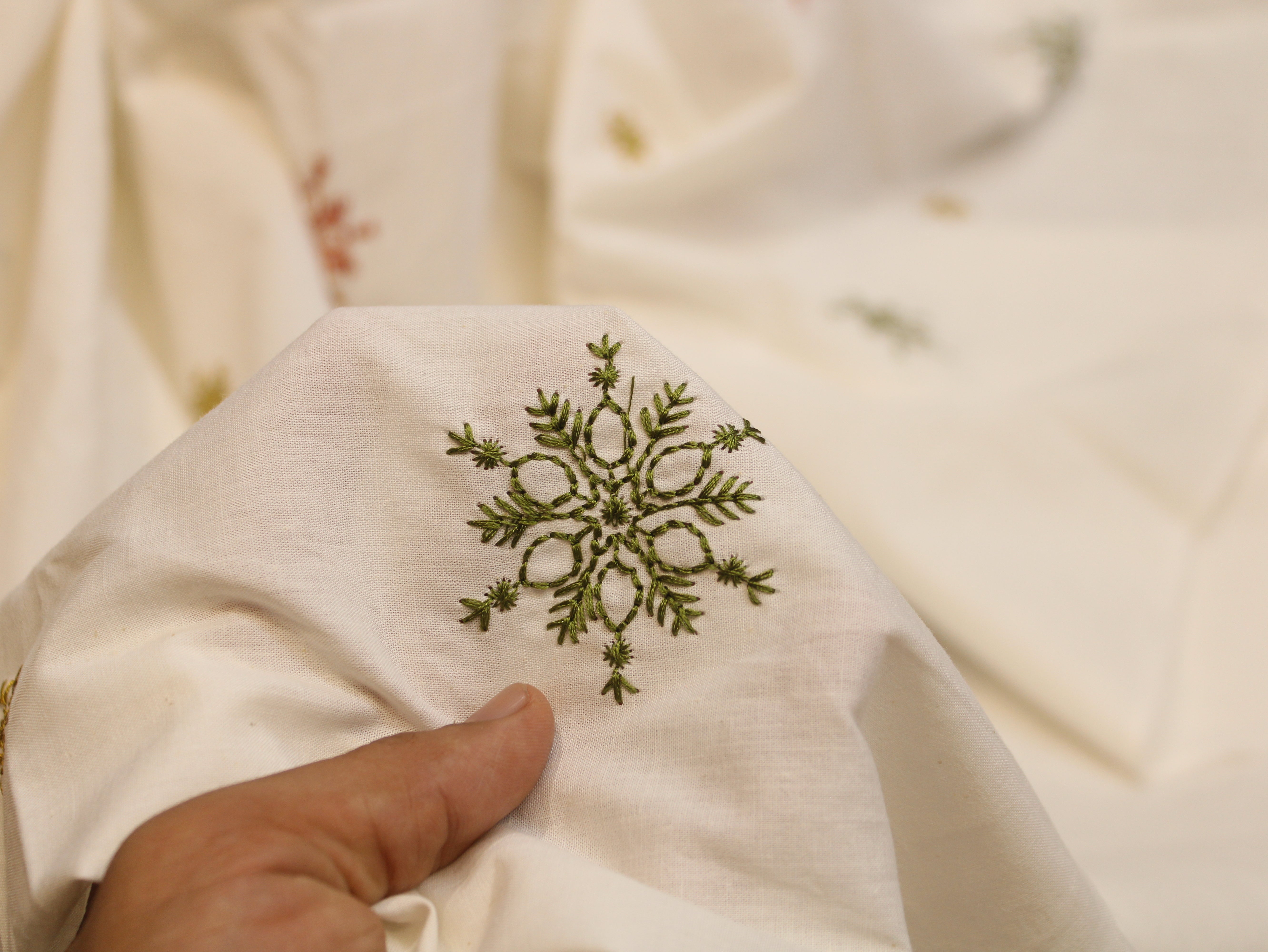 Dabu Cotton Thread Embroidered Fabric - 44 Inches - White