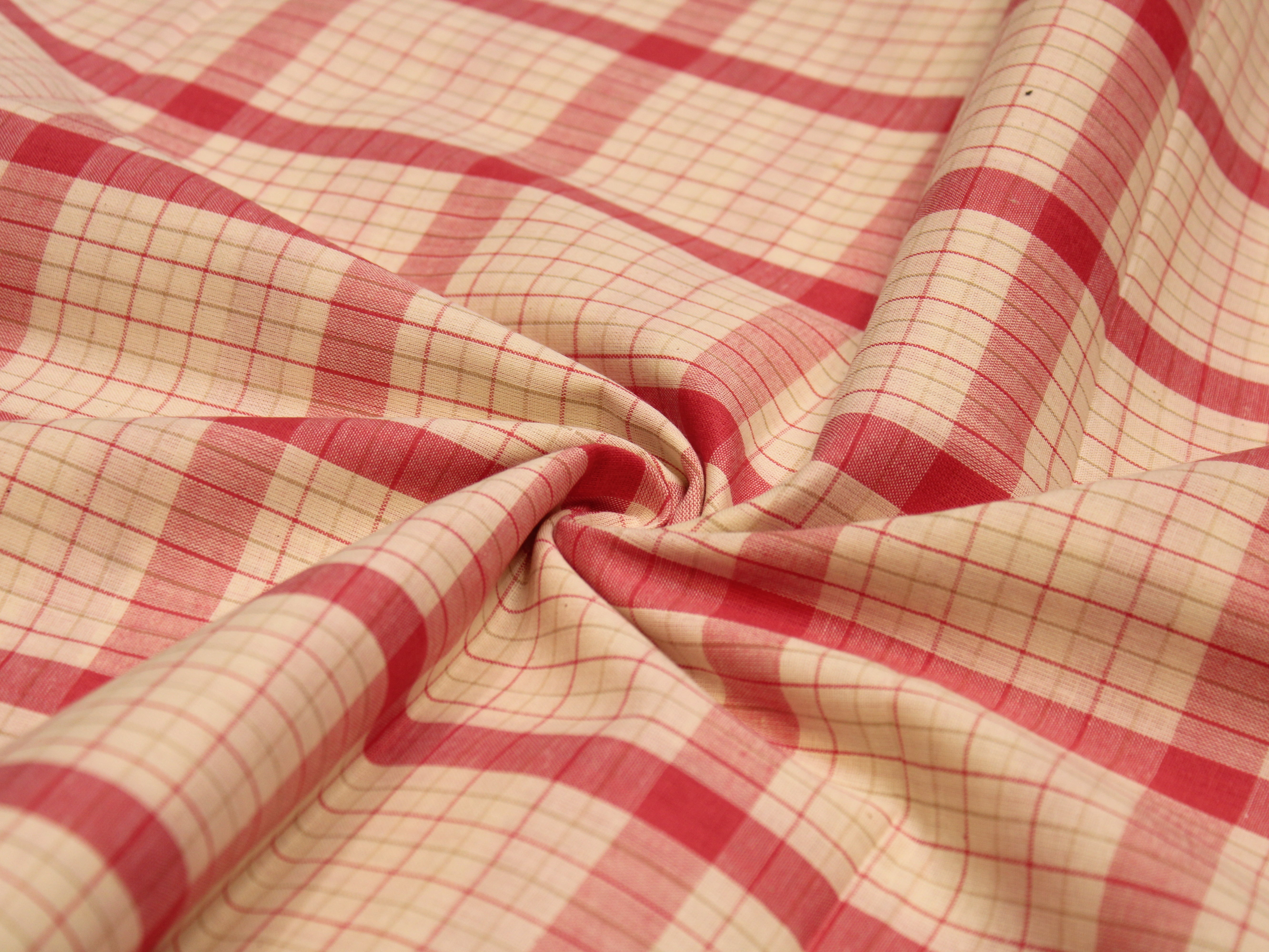 Pure Cotton Handloom Checked Fabric - 44 Inches - Peach Checked