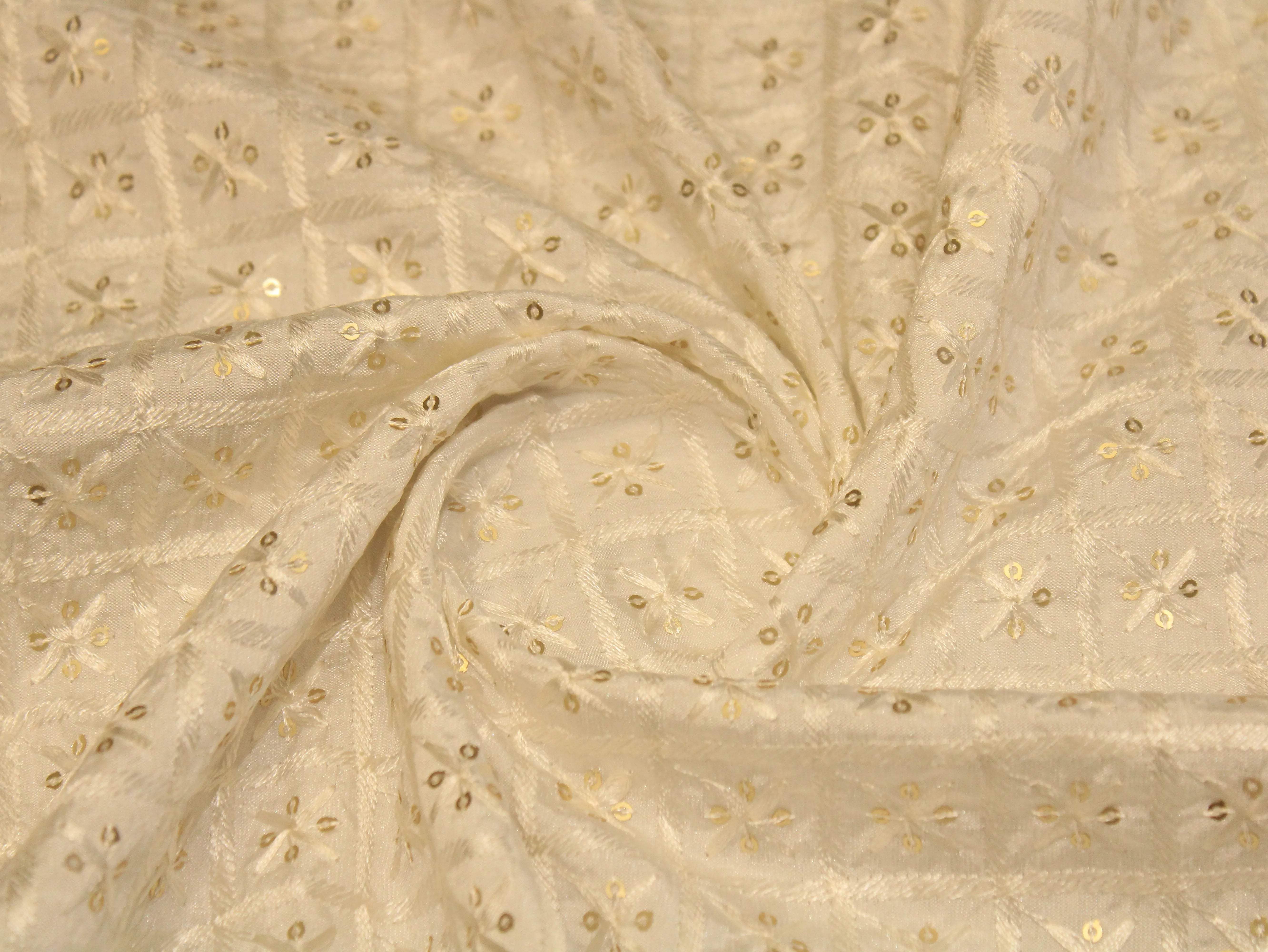 White Non Dyeable Roman Silk Lucknowi Fabric - M'Foks