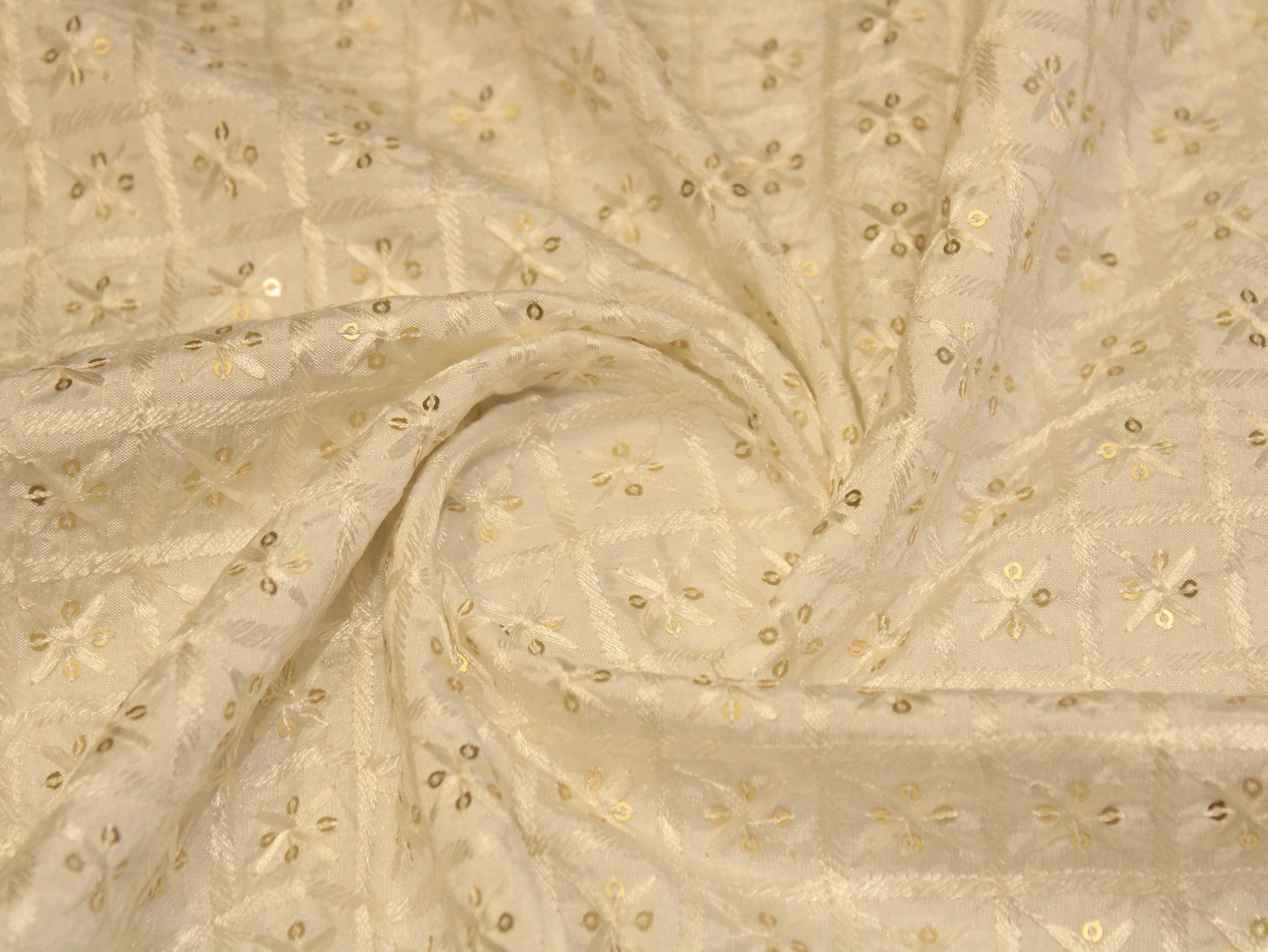 White Non Dyeable Roman Silk Lucknowi Fabric - M'Foks
