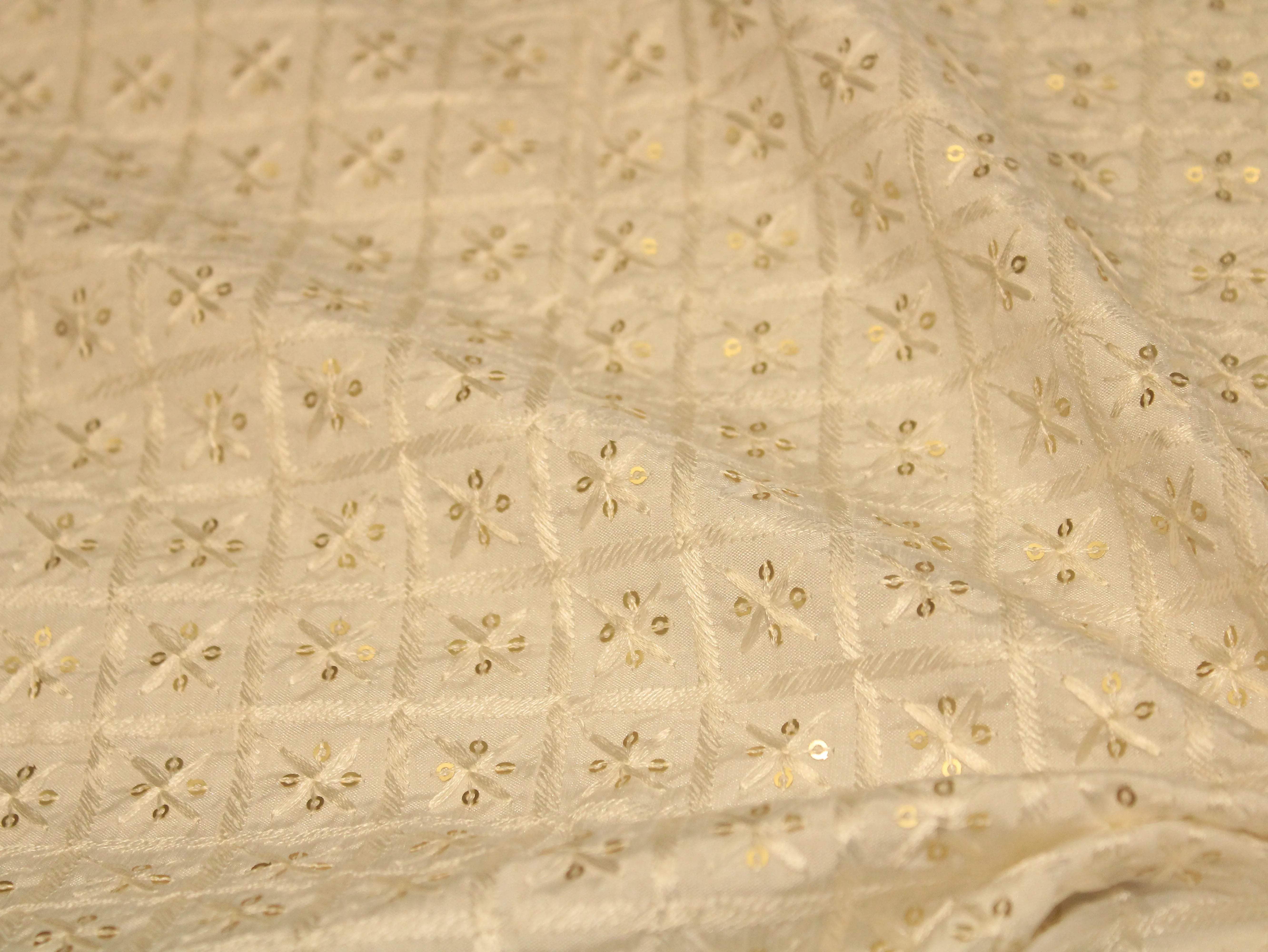 White Non Dyeable Roman Silk Lucknowi Fabric - M'Foks