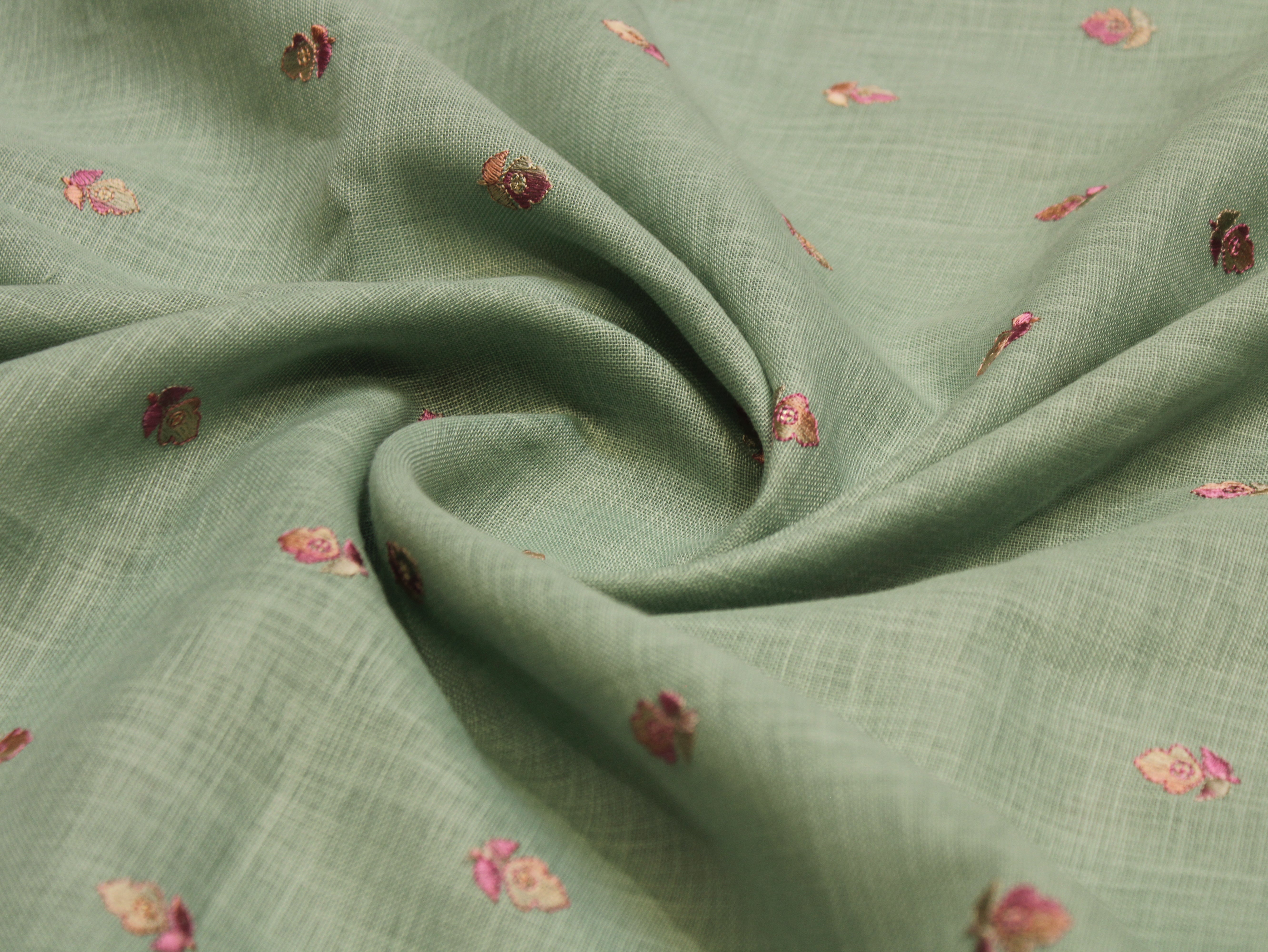 Cotton Linen Texture Fabric with Zari & Thread Motifs Embroidery - Sea Green