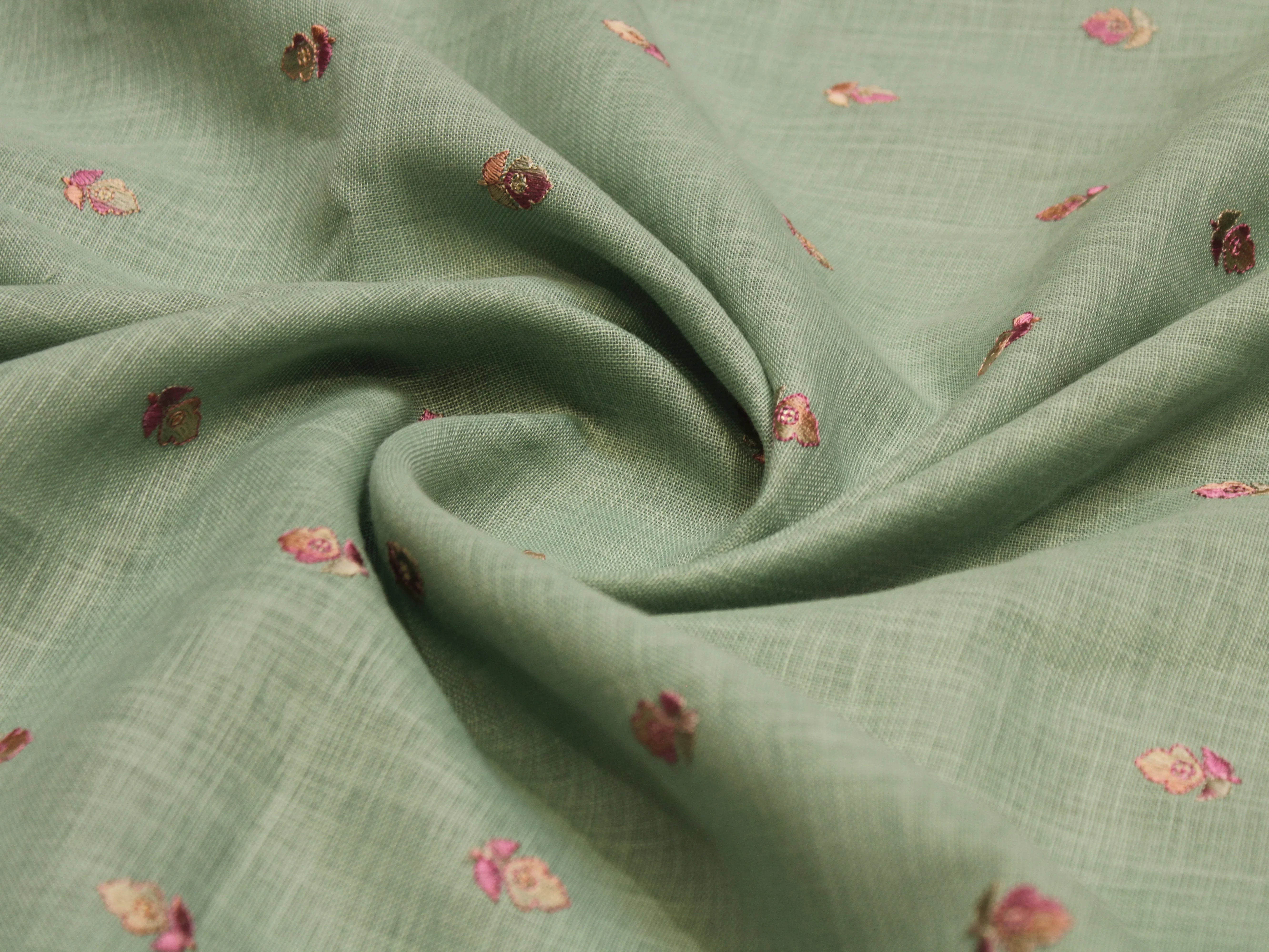 Cotton Linen Texture Fabric with Zari & Thread Motifs Embroidery - Sea Green