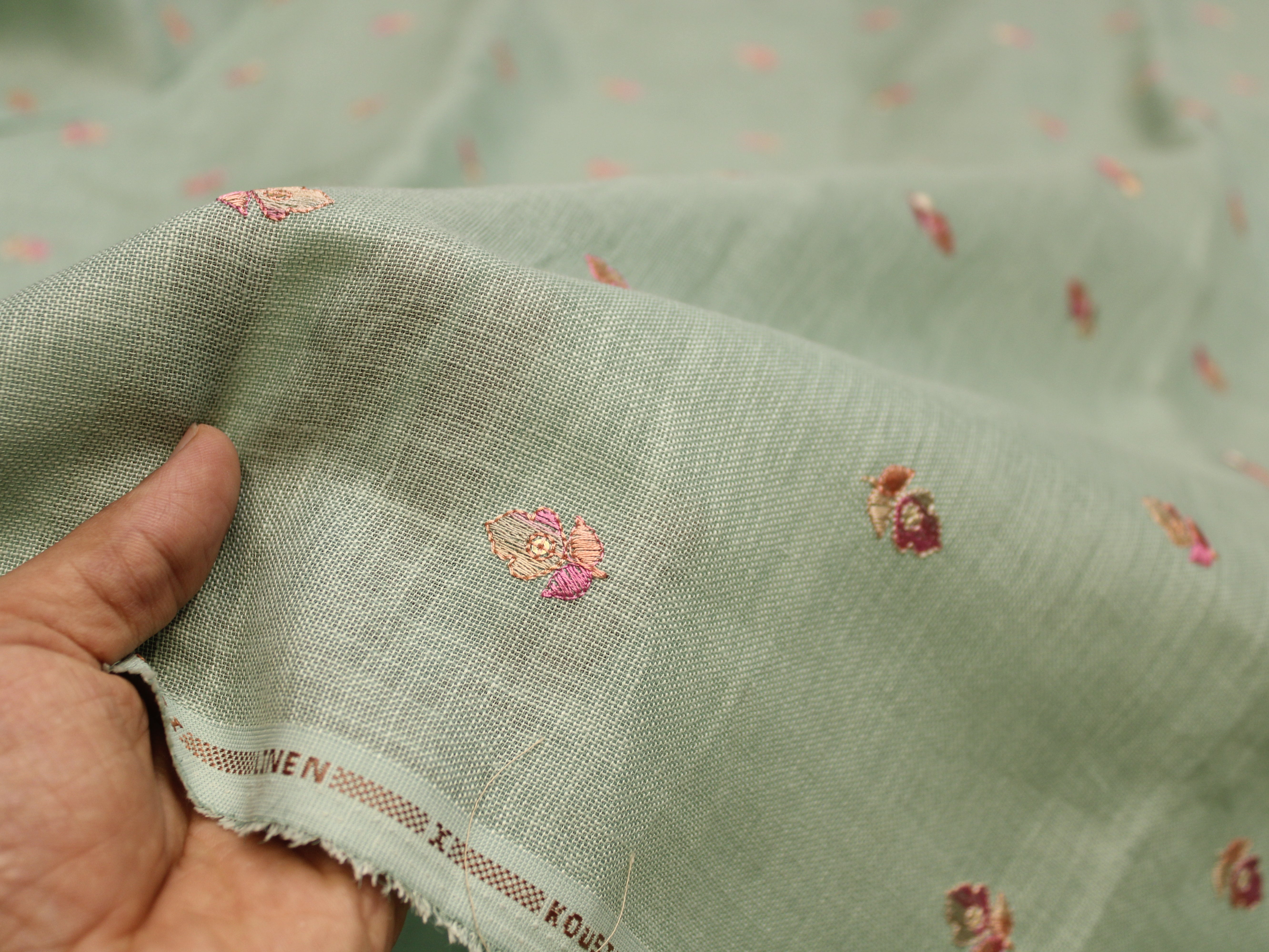 Cotton Linen Texture Fabric with Zari & Thread Motifs Embroidery - Sea Green