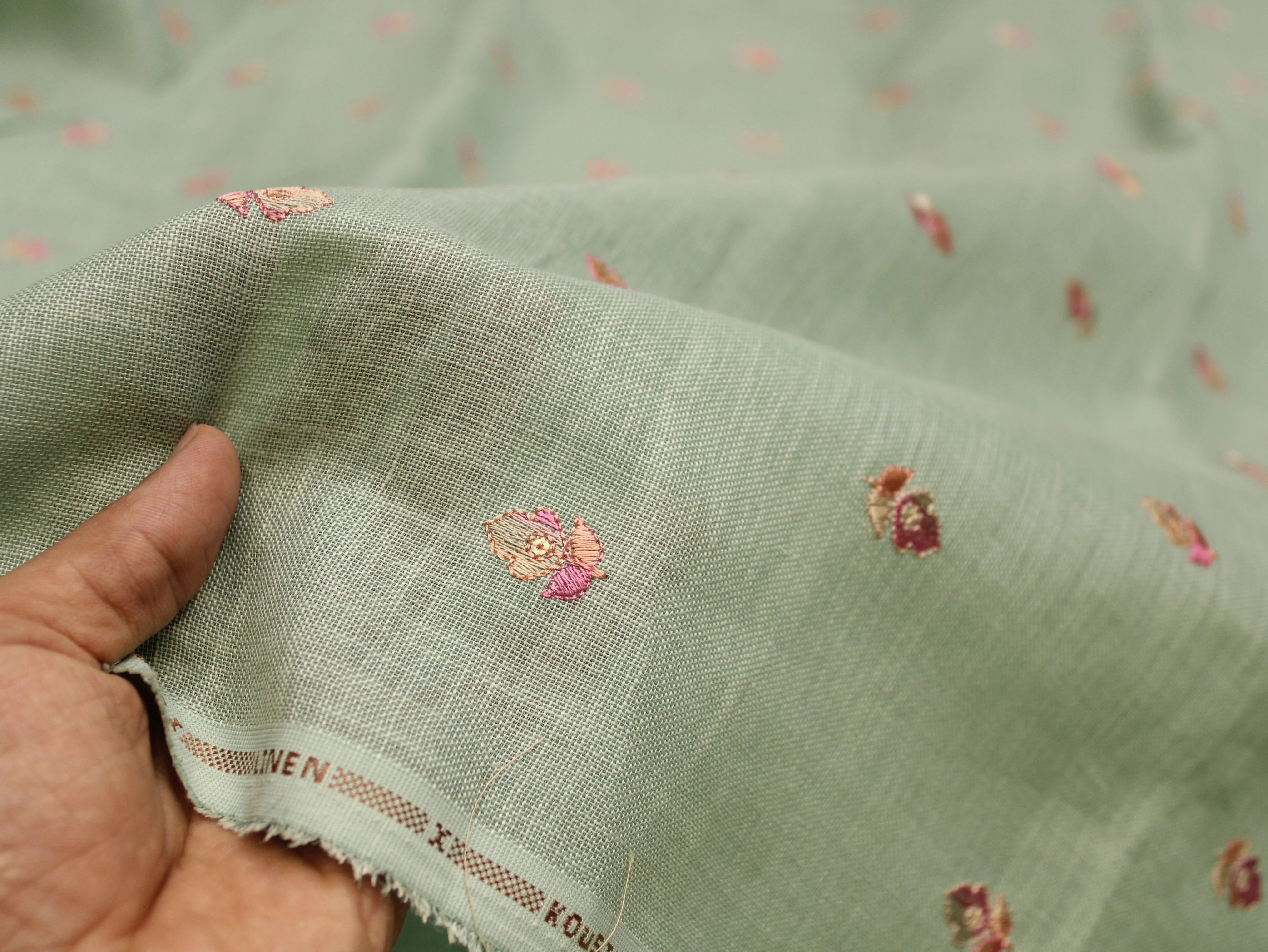 Cotton Linen Texture Fabric with Zari & Thread Motifs Embroidery - Sea Green