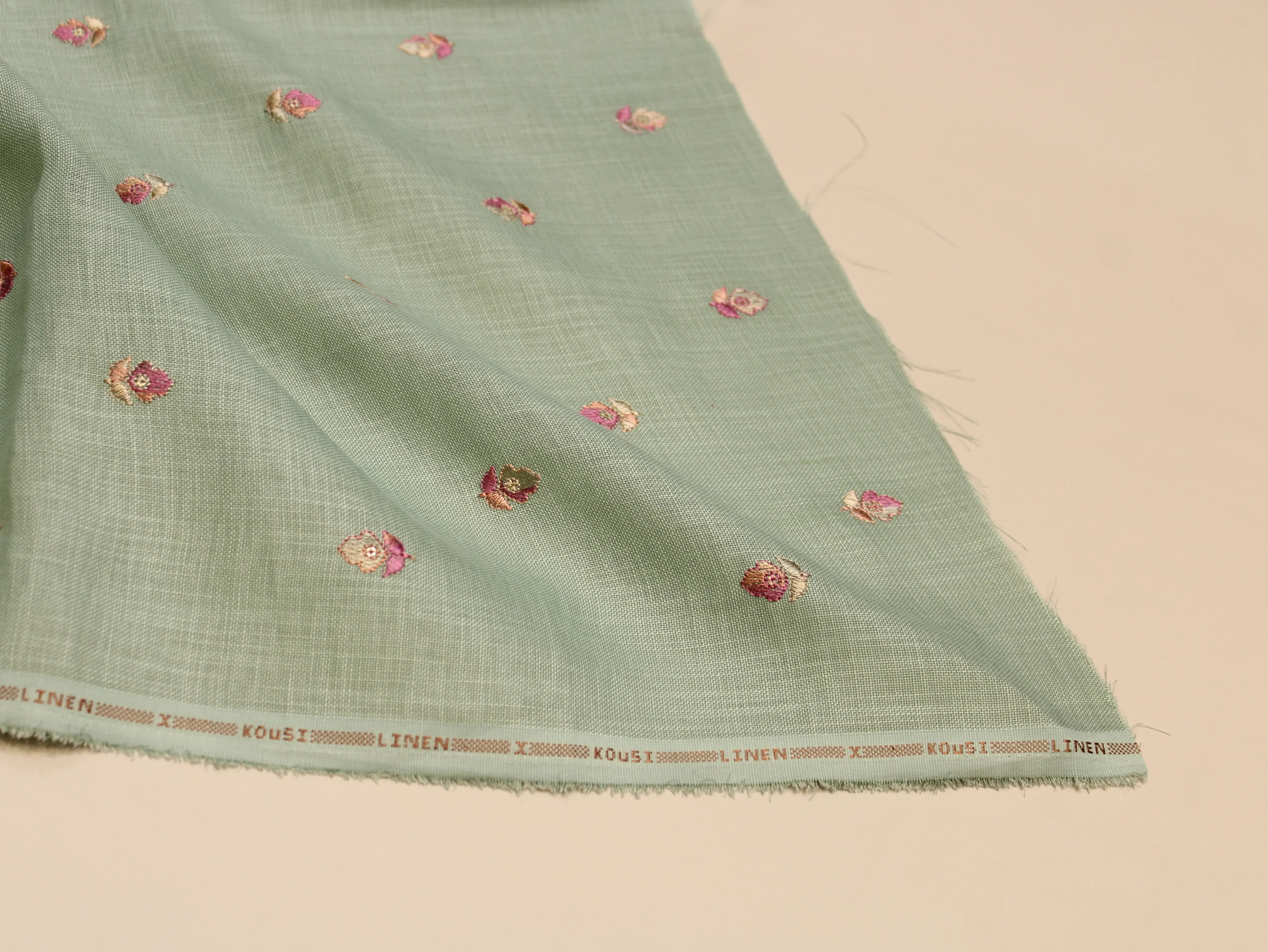 Cotton Linen Texture Fabric with Zari & Thread Motifs Embroidery - Sea Green