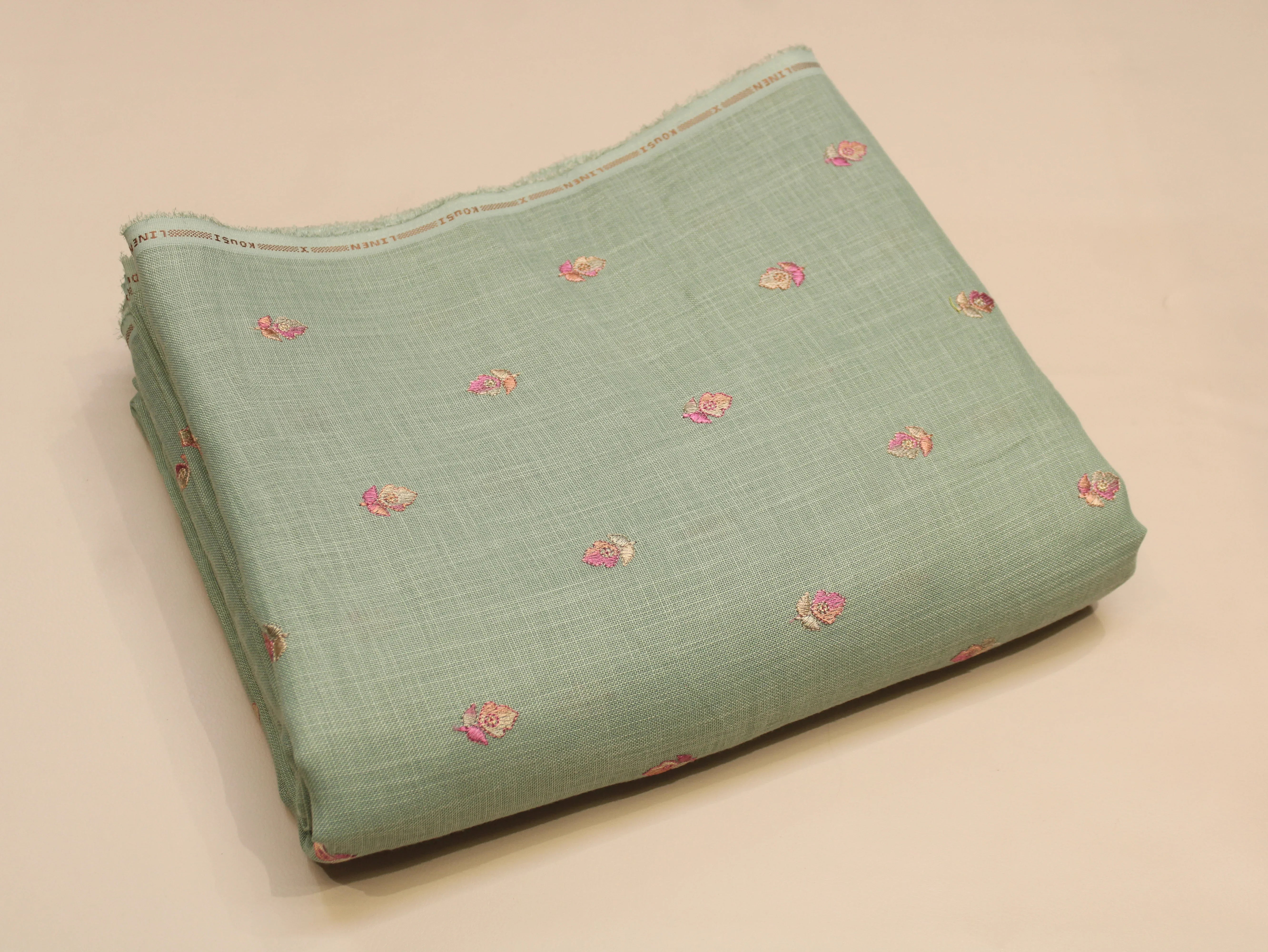 Cotton Linen Texture Fabric with Zari & Thread Motifs Embroidery - Sea Green