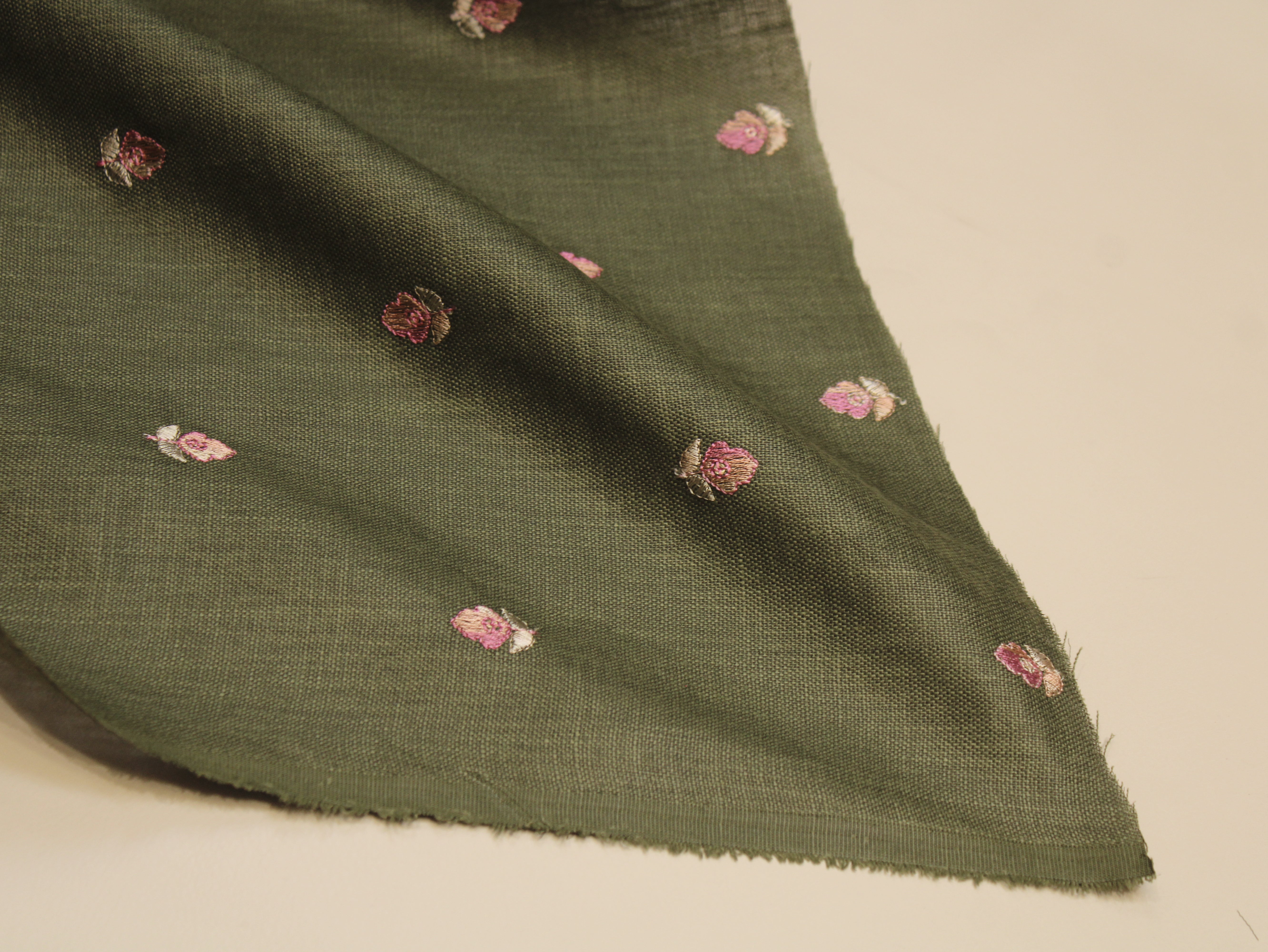 Cotton Linen Texture Fabric with Zari & Thread Motifs Embroidery - Emerald Green