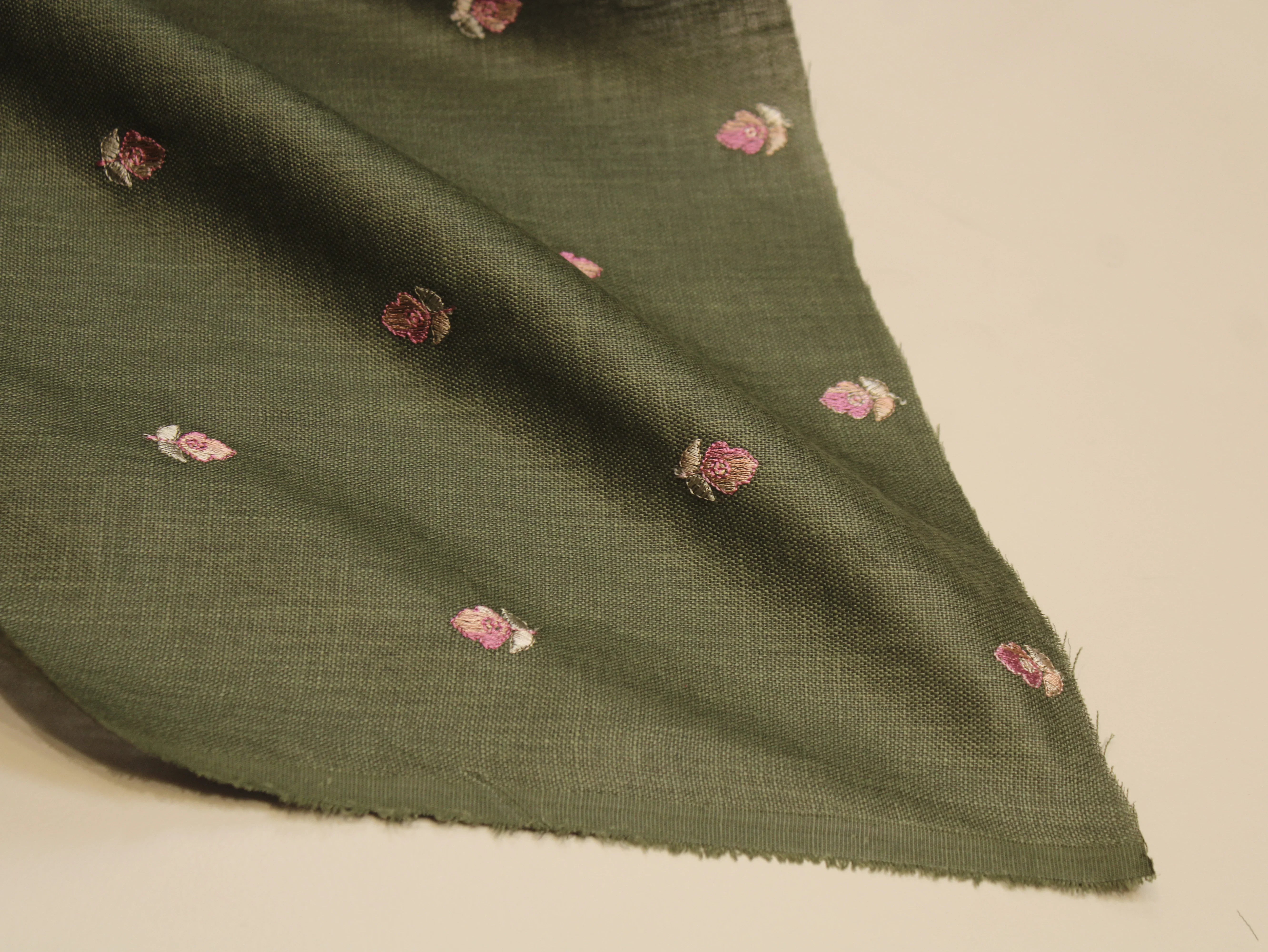 Cotton Linen Texture Fabric with Zari & Thread Motifs Embroidery - Emerald Green