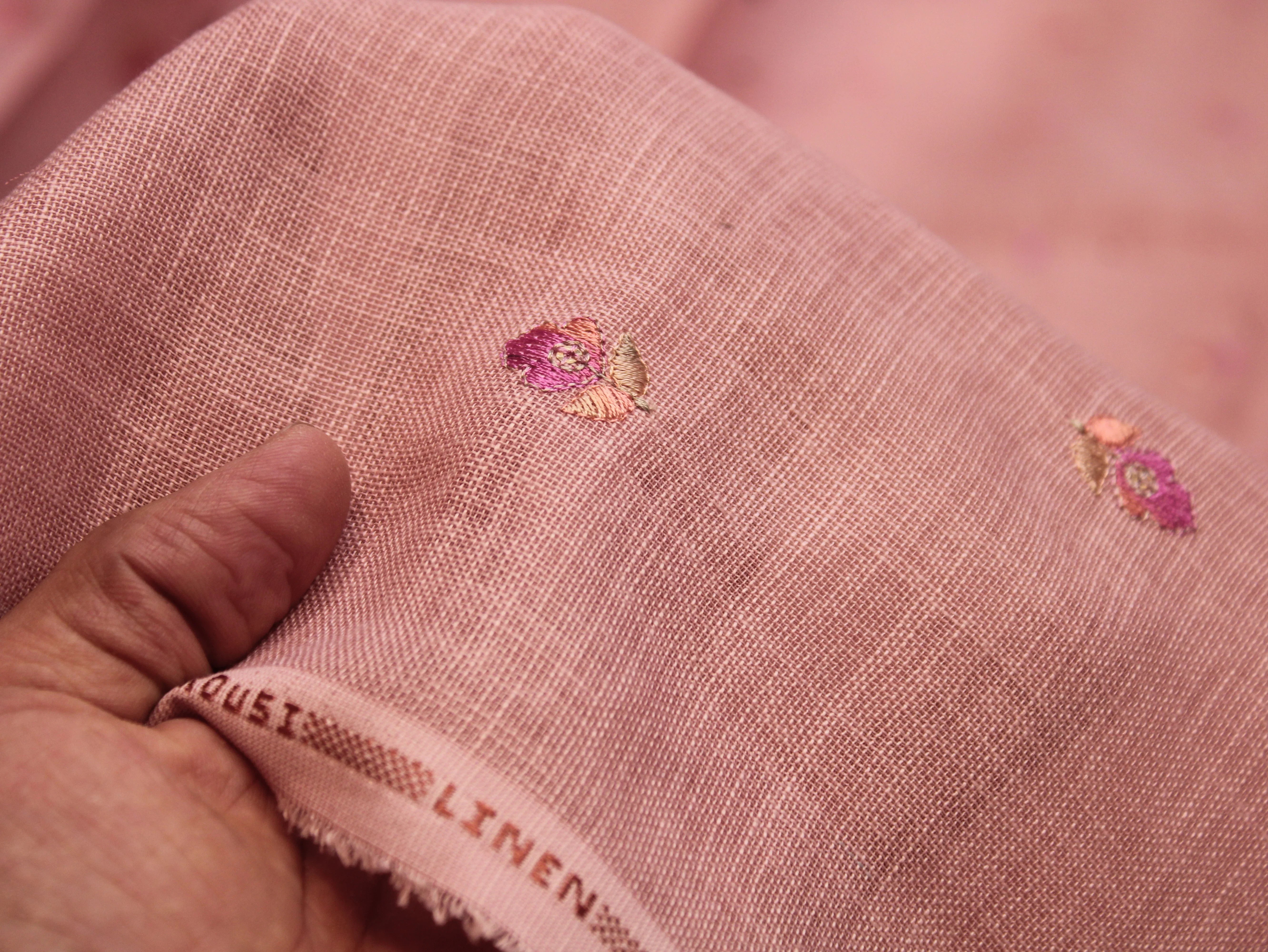 Cotton Linen Texture Fabric with Zari & Thread Motifs Embroidery - Peach