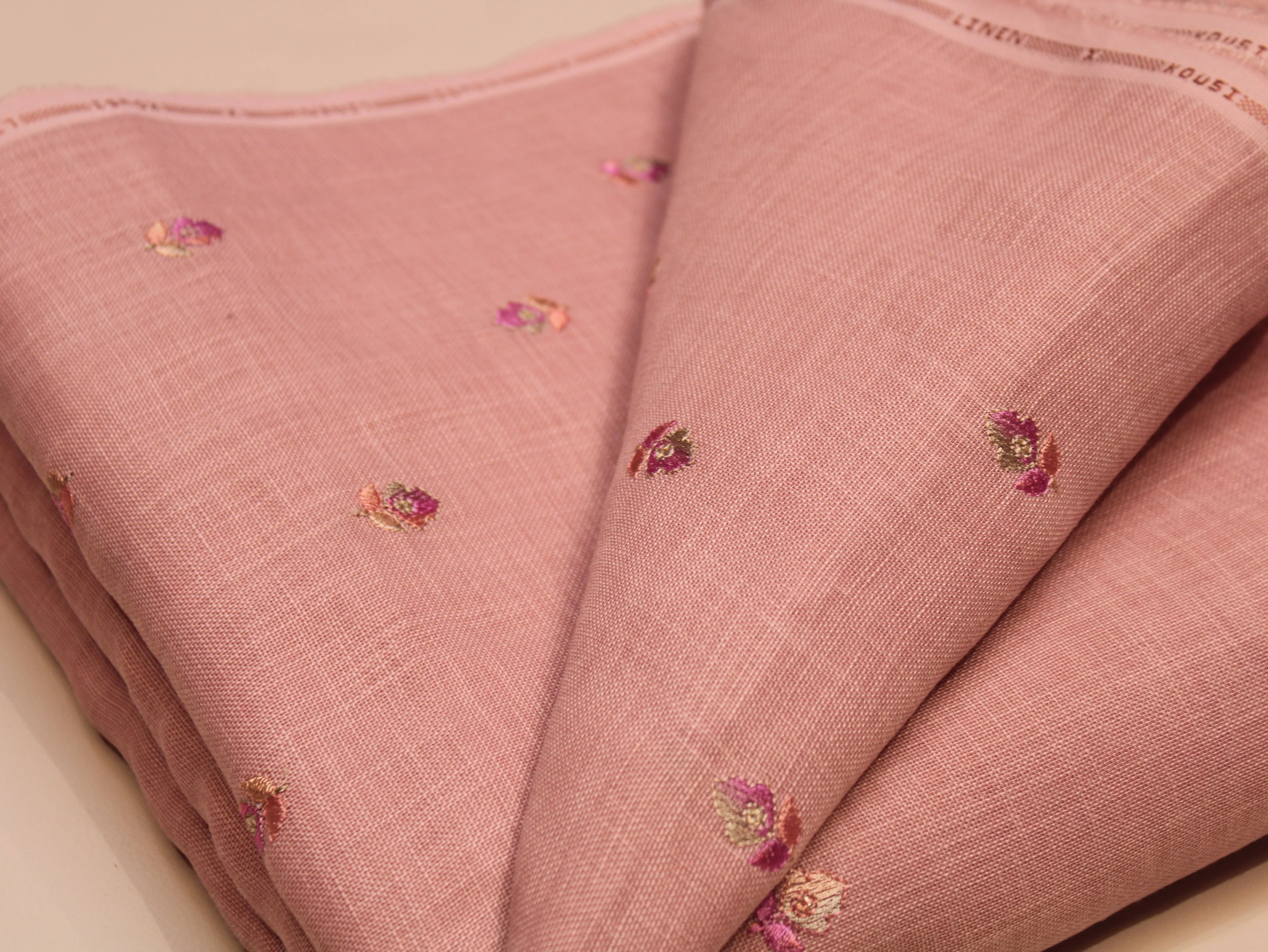 Cotton Linen Texture Fabric with Zari & Thread Motifs Embroidery - Peach