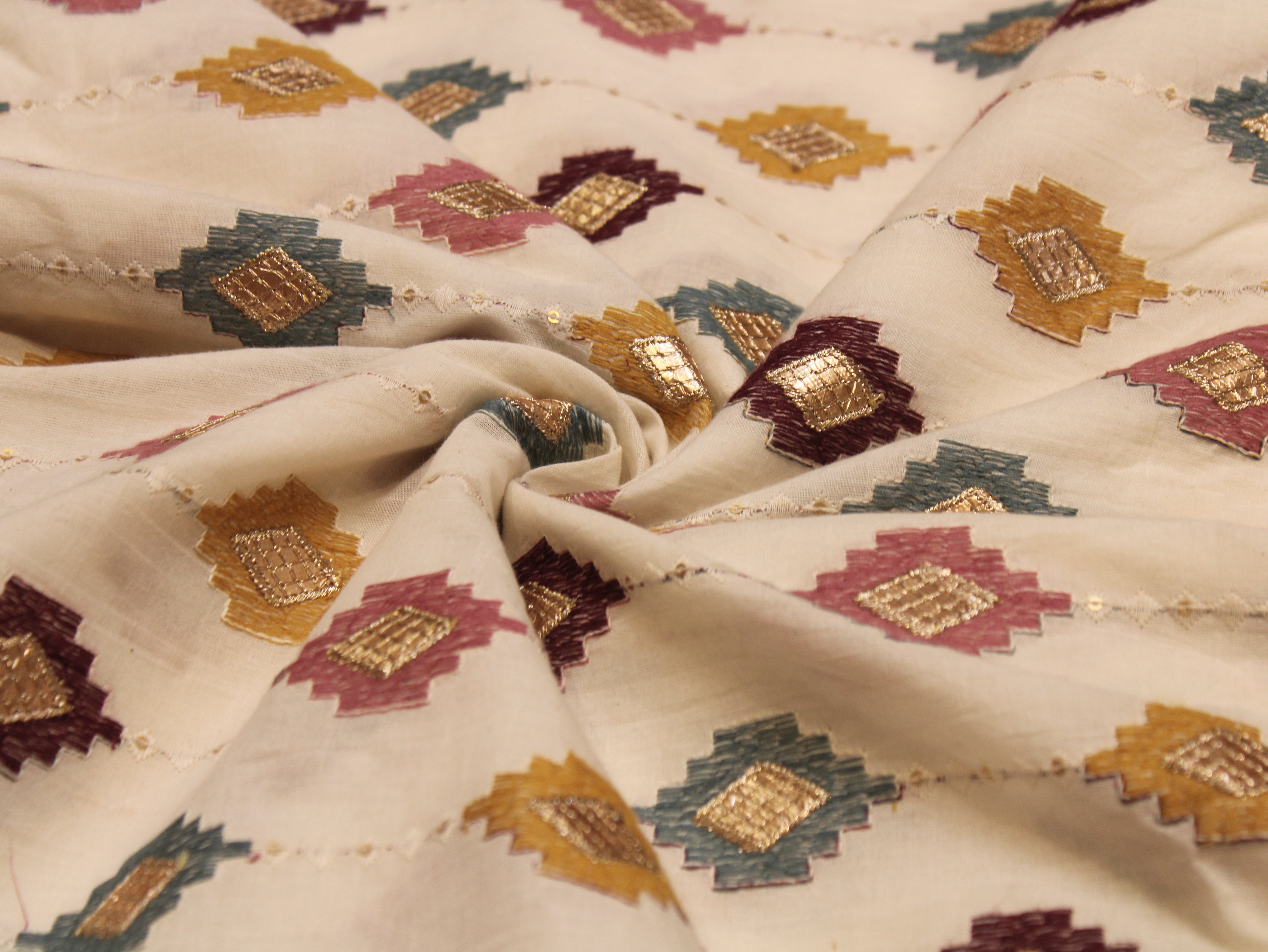 Mal Cotton Multi Shade Thread Embroidery Fabric 44 Inches | Handcrafted Ethnic Wear Fabric