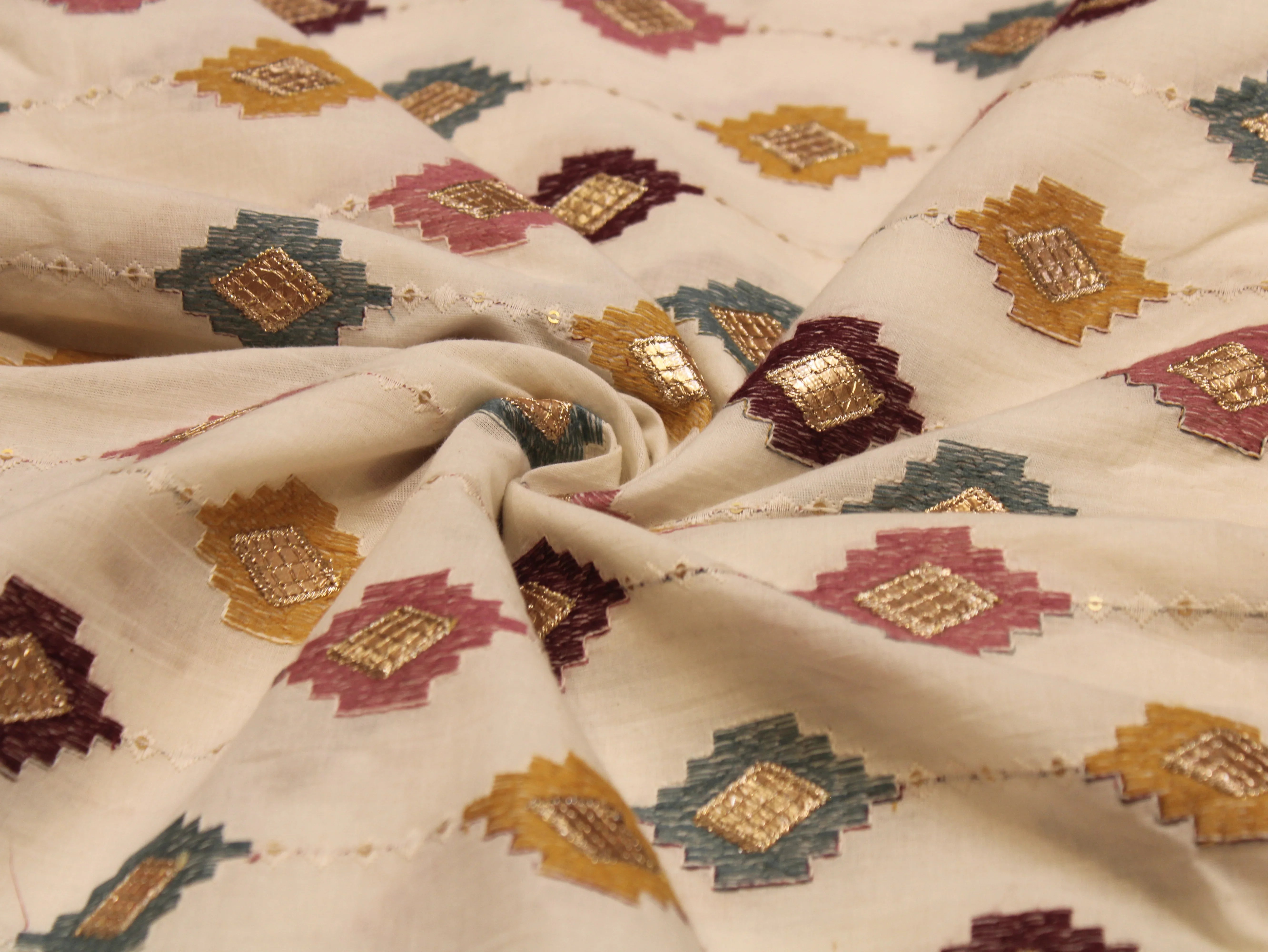 Mal Cotton Multi Shade Thread Embroidery Fabric 44 Inches | Handcrafted Ethnic Wear Fabric