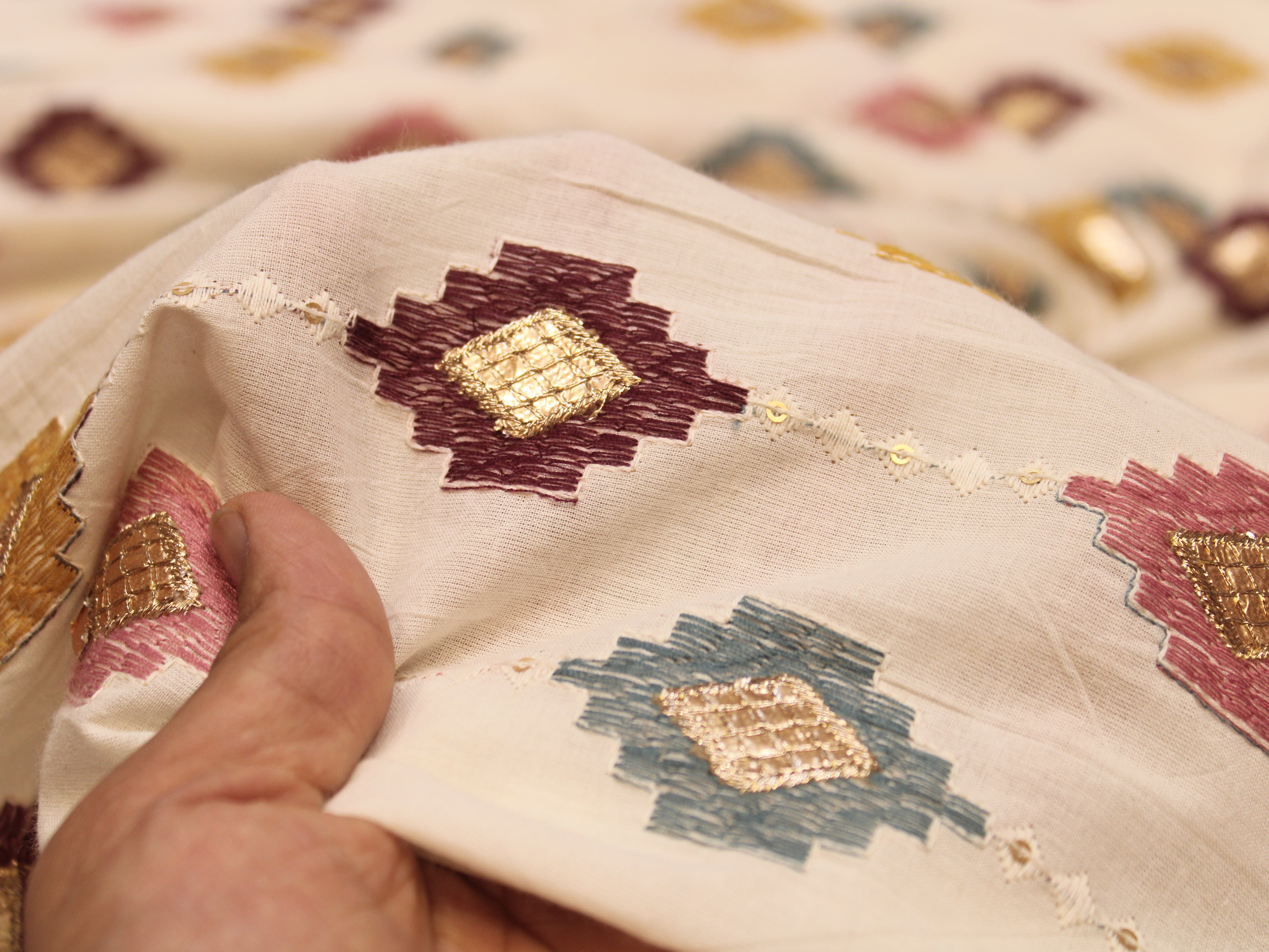 Mal Cotton Multi Shade Thread Embroidery Fabric 44 Inches | Handcrafted Ethnic Wear Fabric