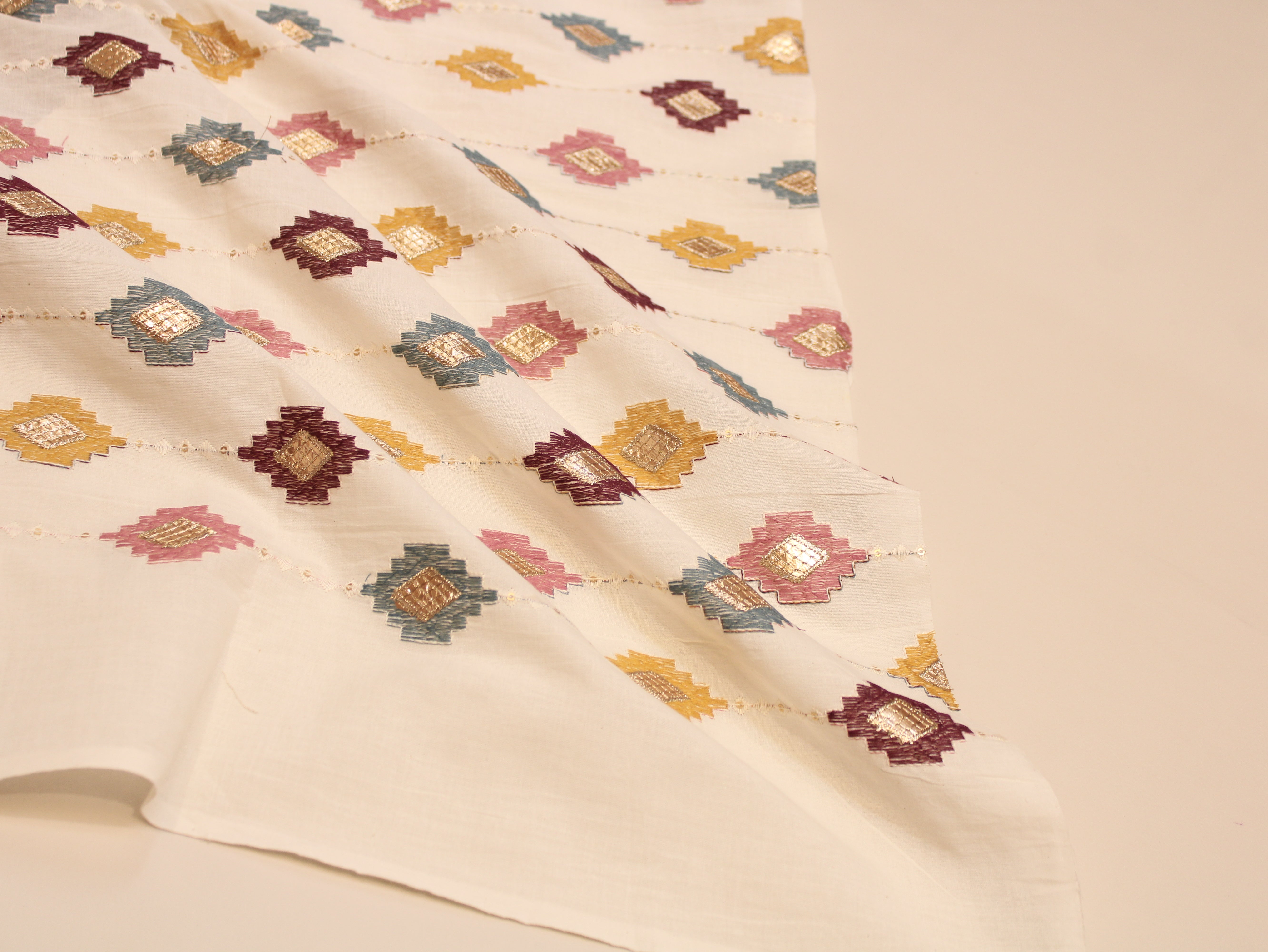 Mal Cotton Multi Shade Thread Embroidery Fabric 44 Inches | Handcrafted Ethnic Wear Fabric