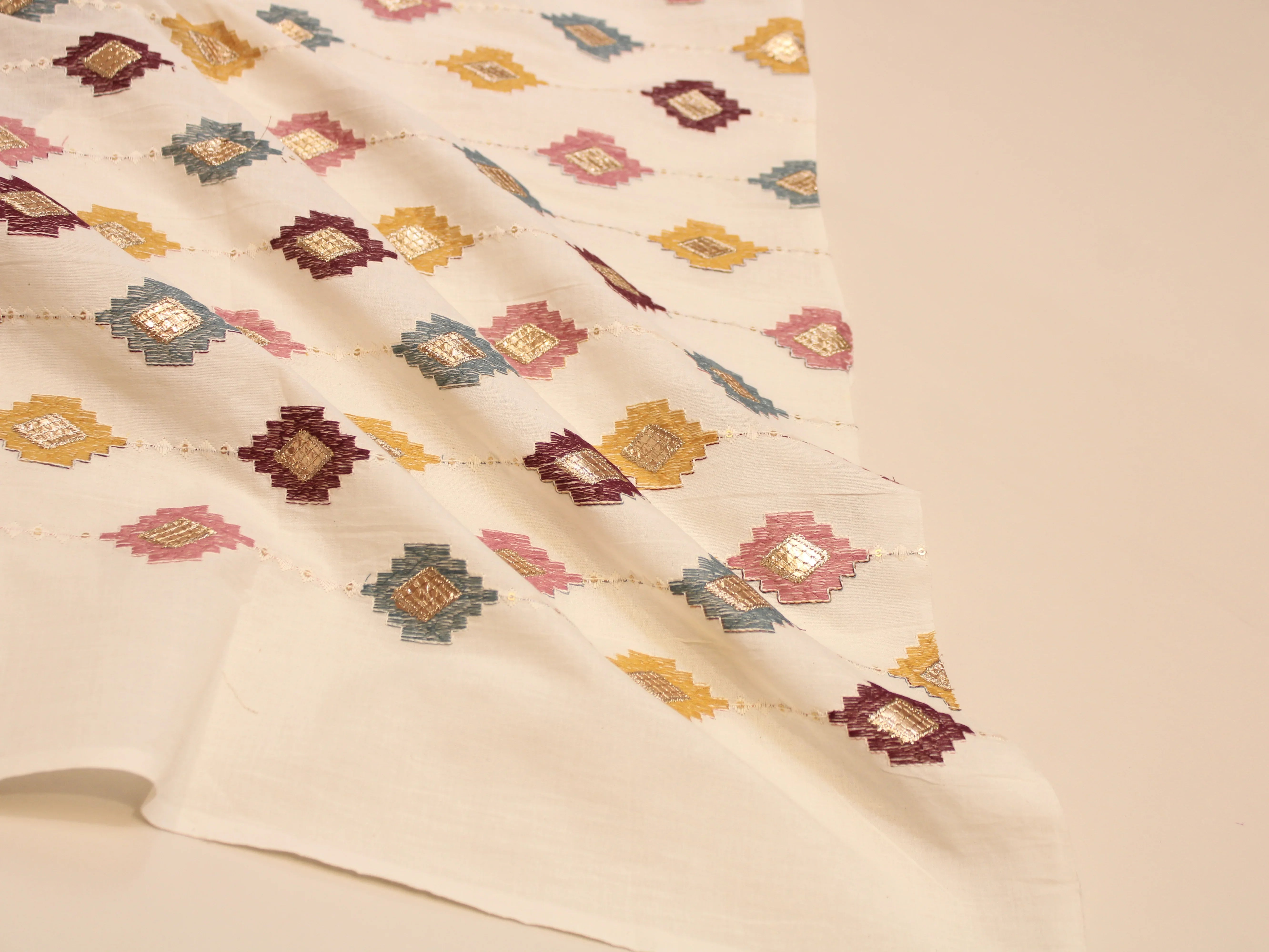 Mal Cotton Multi Shade Thread Embroidery Fabric 44 Inches | Handcrafted Ethnic Wear Fabric