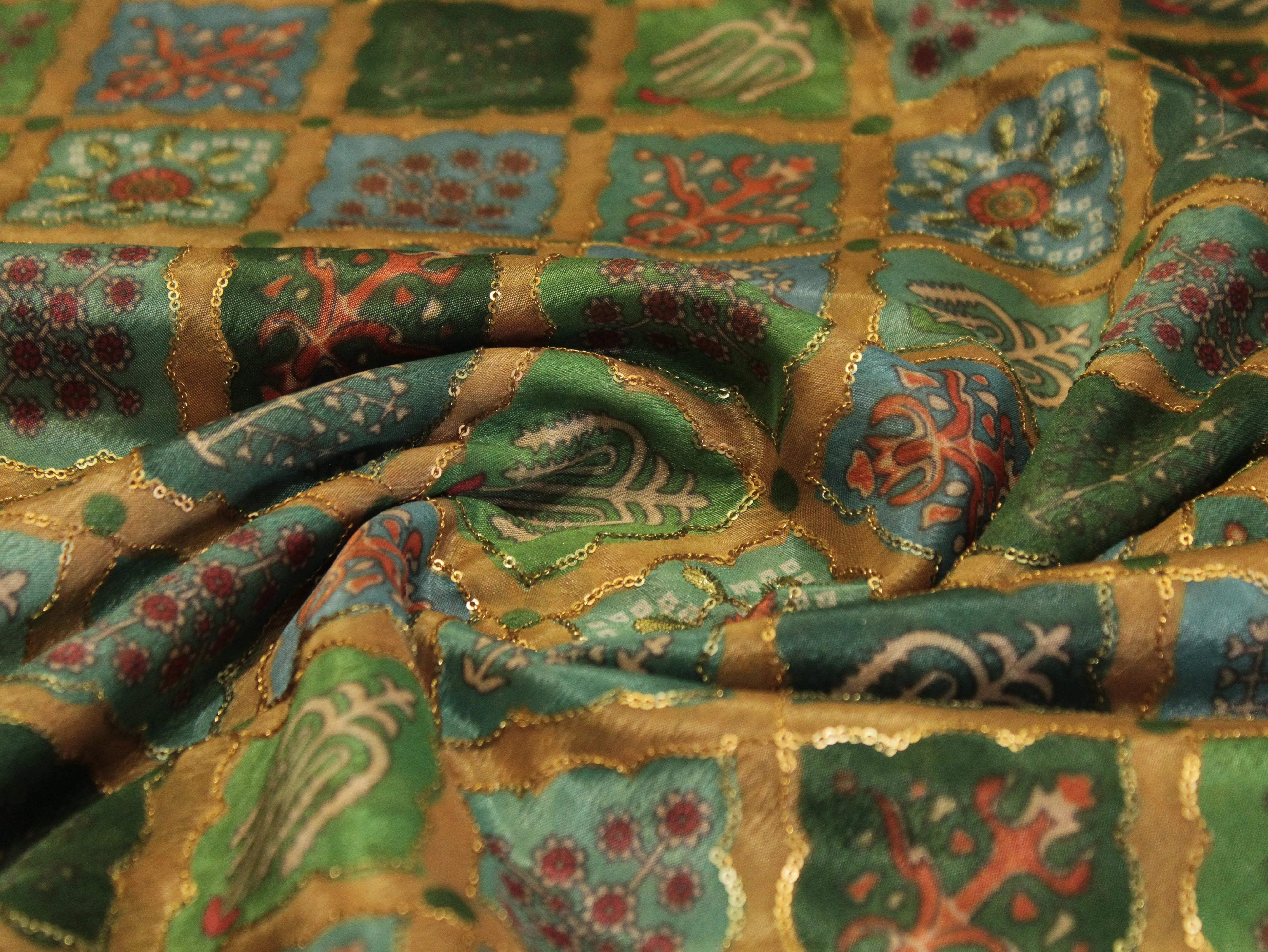 Vintage - Viscose Chinon Silk with Digital Print & Sequin Work Fabric - Green - M'Foks