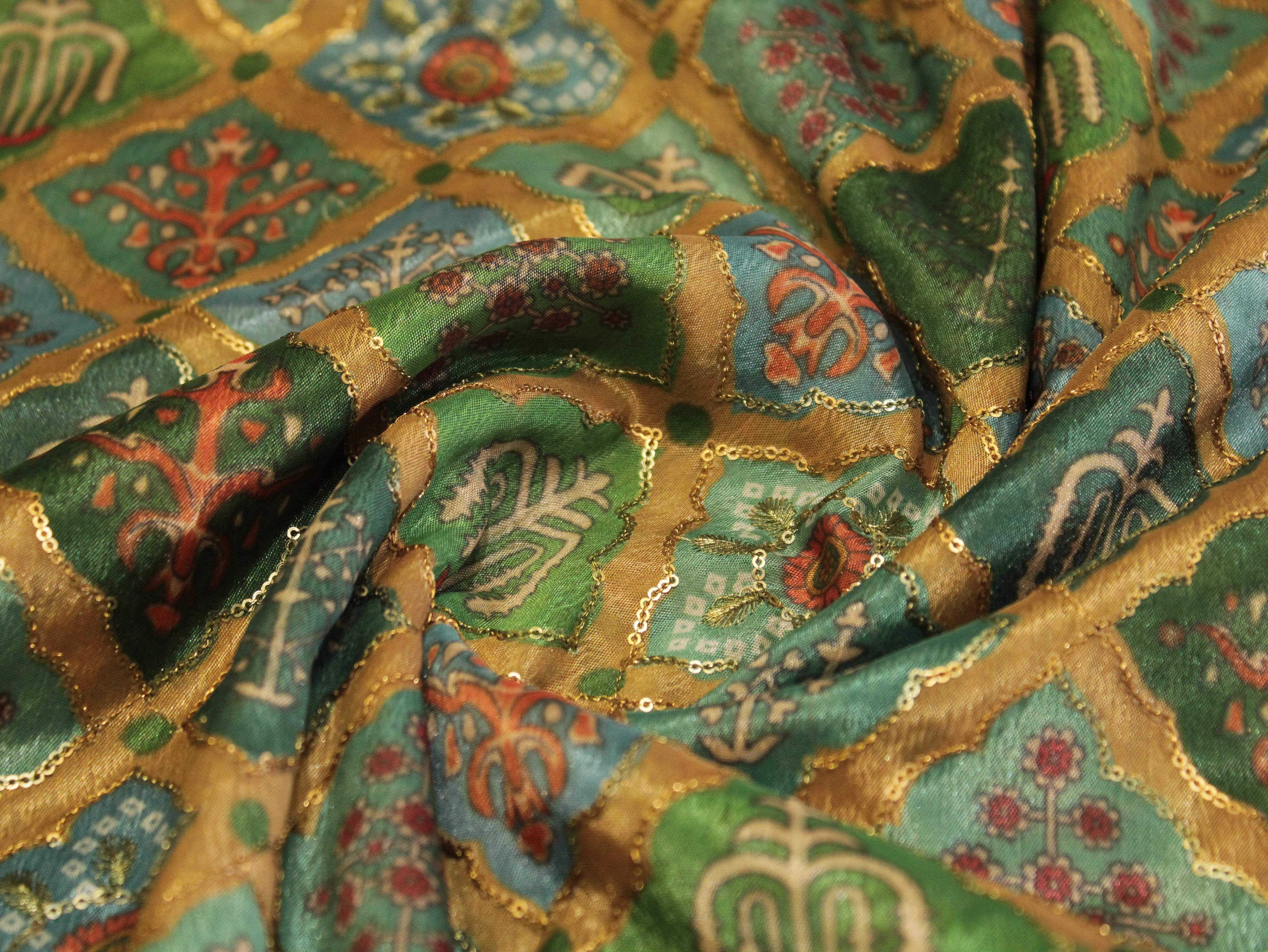 Vintage - Viscose Chinon Silk with Digital Print & Sequin Work Fabric - Green - M'Foks