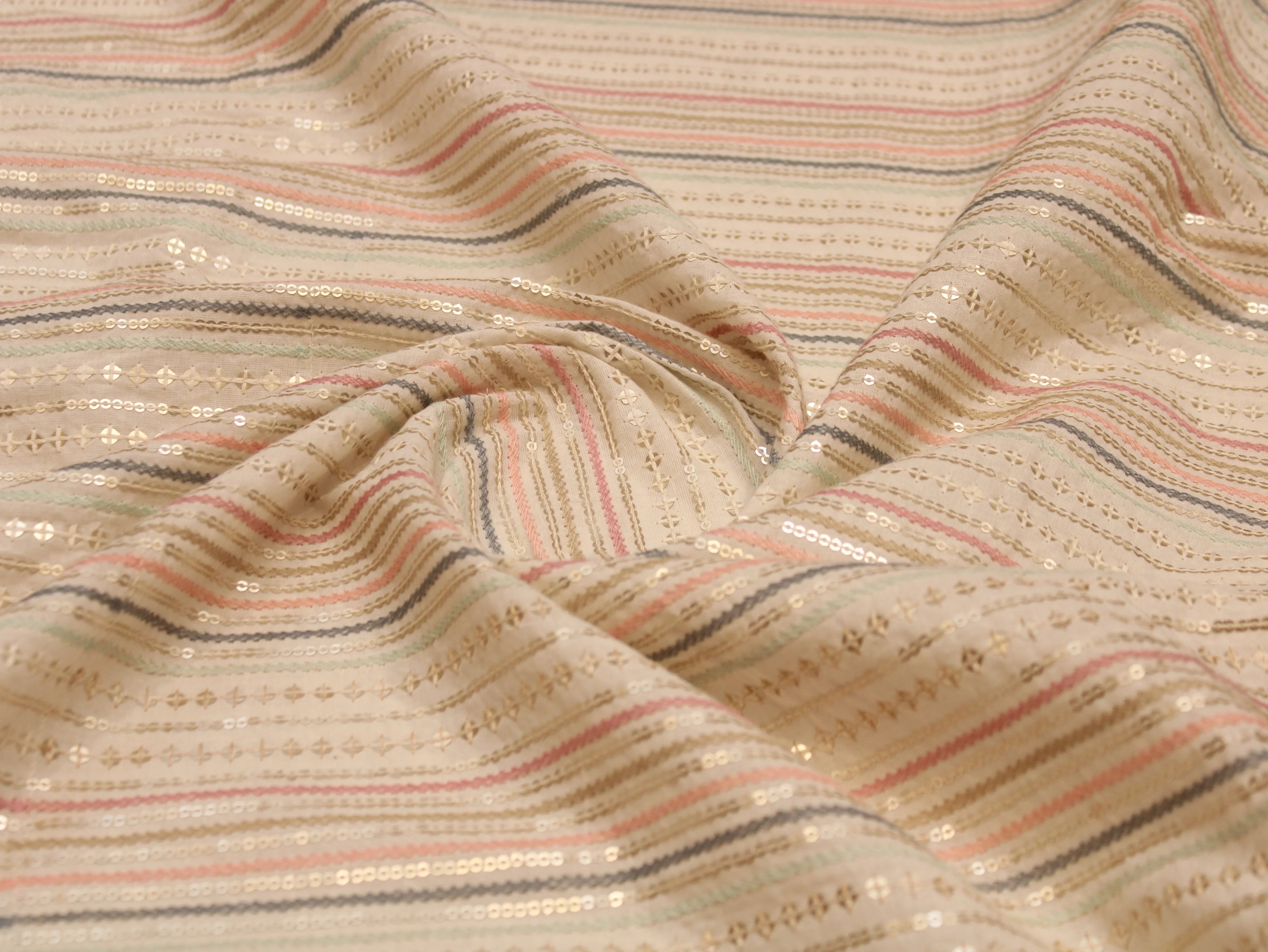 Mal Cotton Multi Shade Thread Embroidery Fabric 44 Inches | Handcrafted Ethnic Wear Fabric
