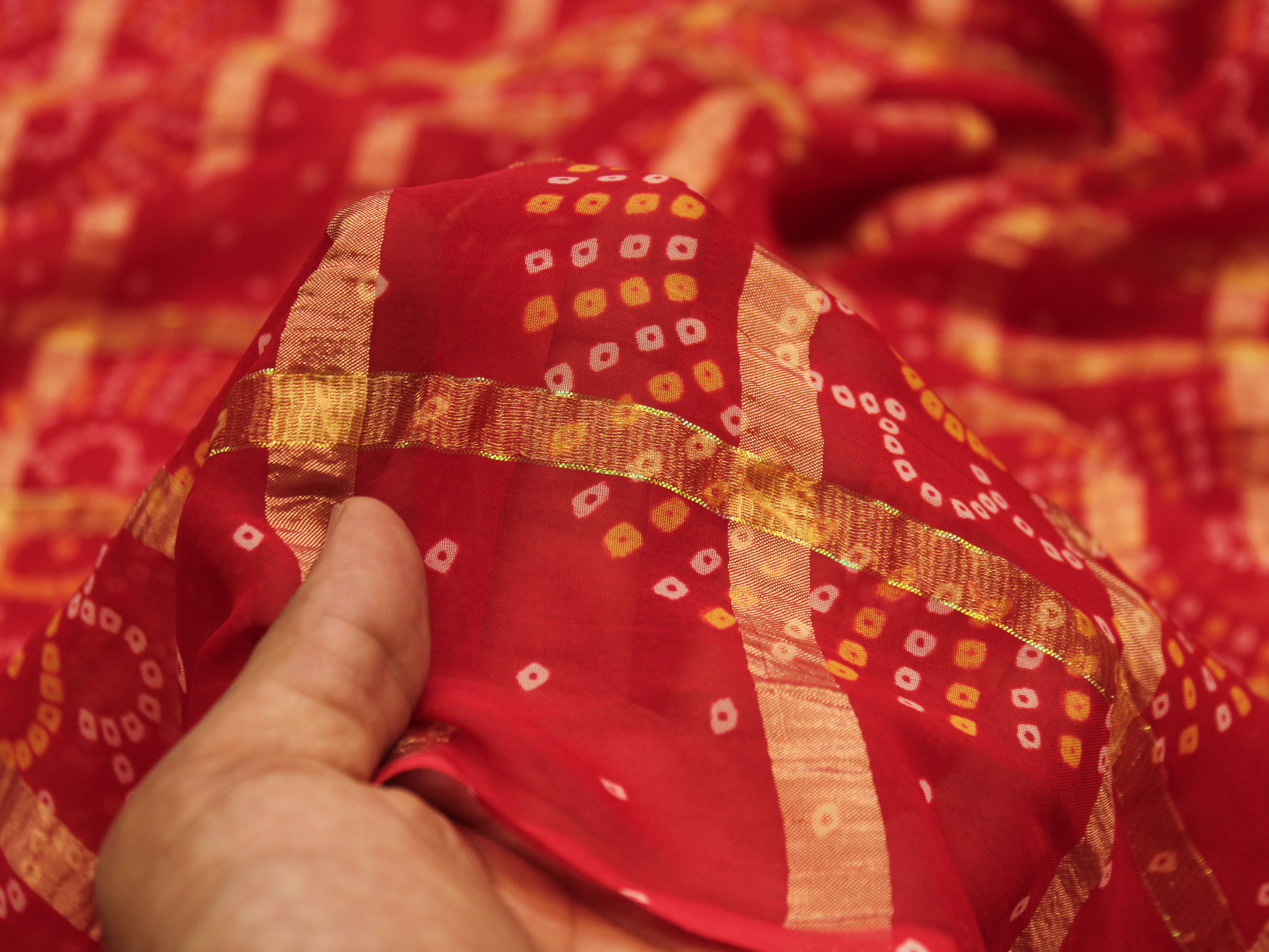 Faux Georgette Bandhini with Zari Woven Check Design 44 Inches | Red