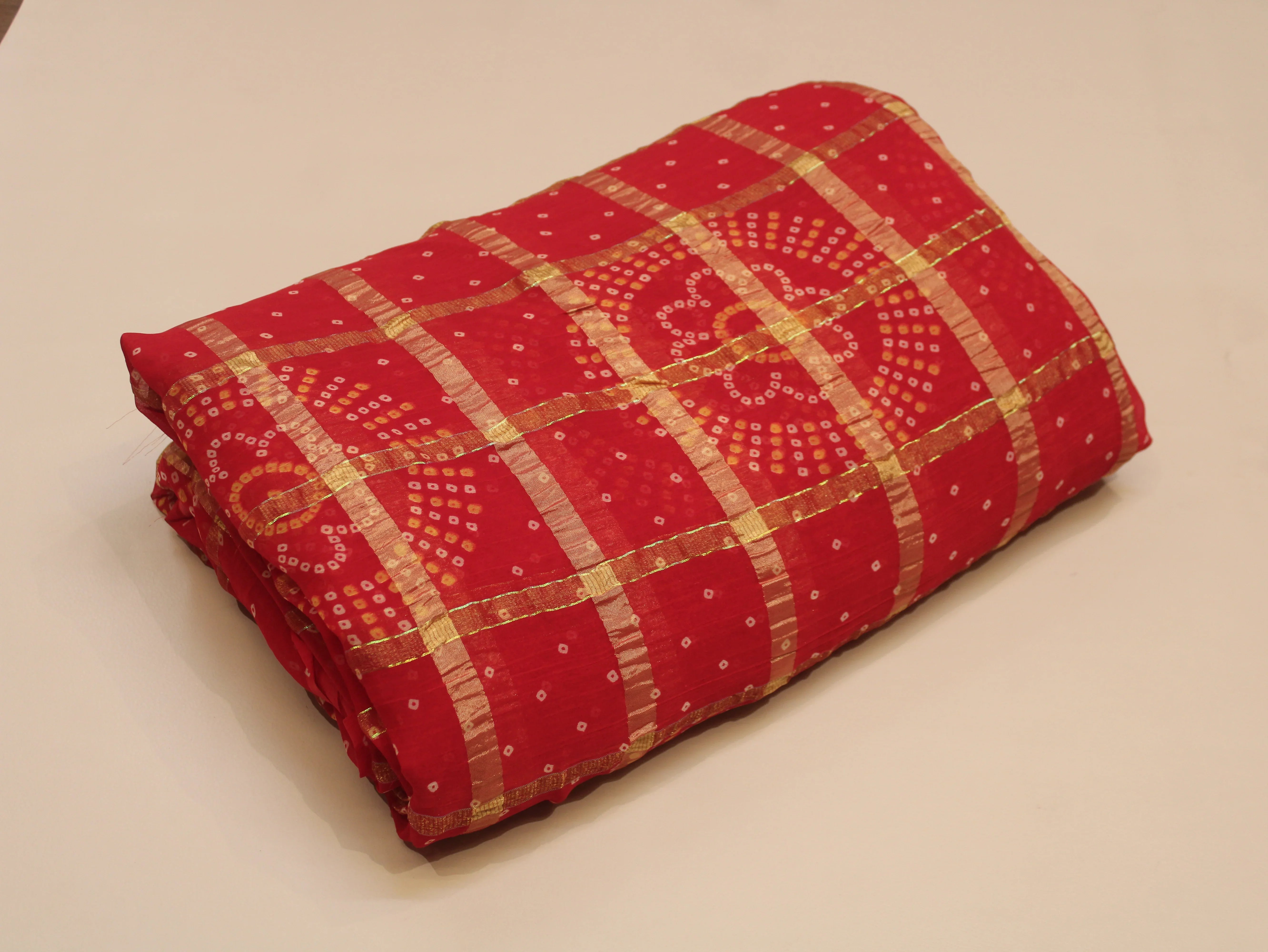 Faux Georgette Bandhini with Zari Woven Check Design 44 Inches | Red