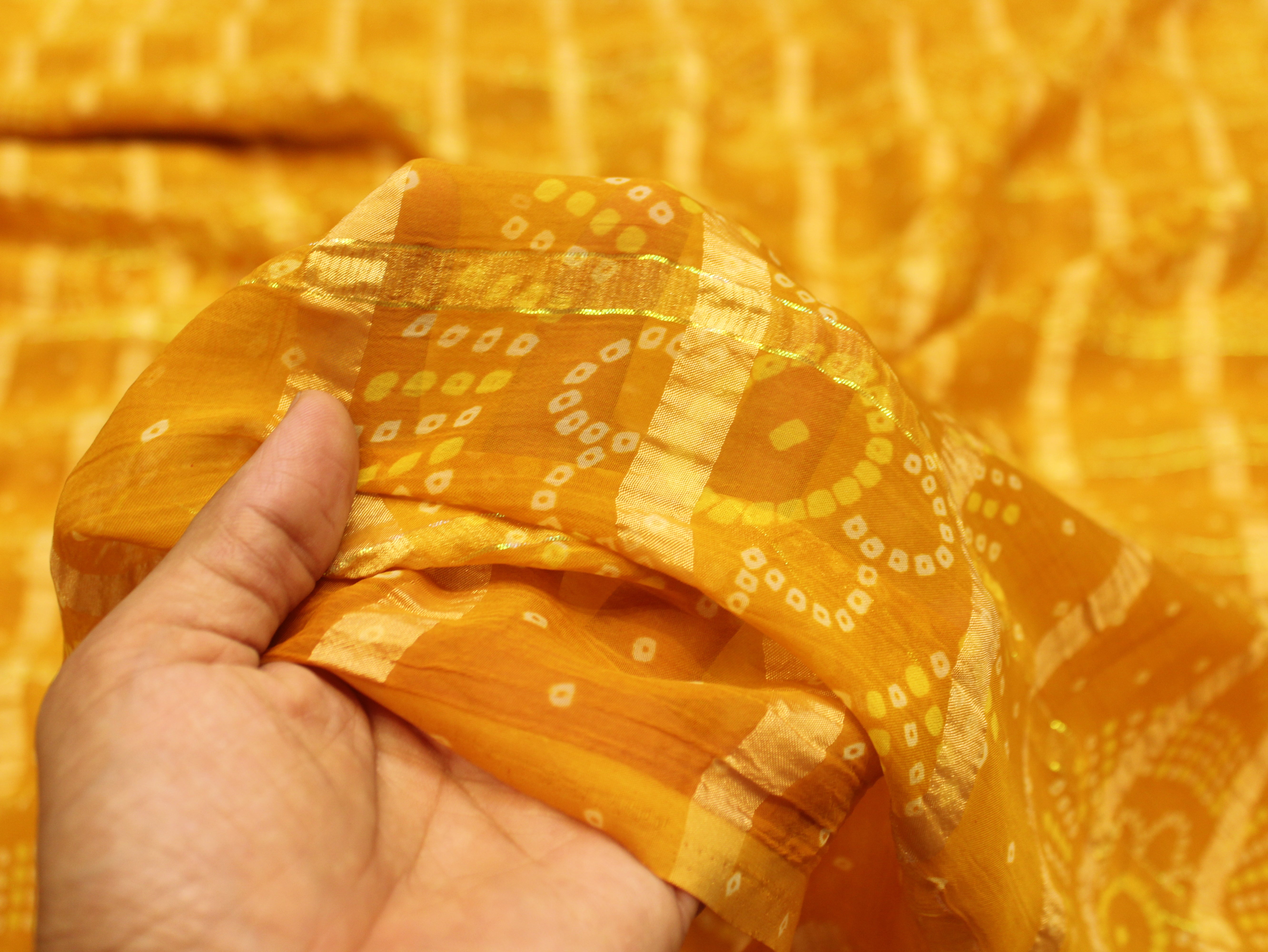 Faux Georgette Bandhini with Zari Woven Check Design 44 Inches | Yellow