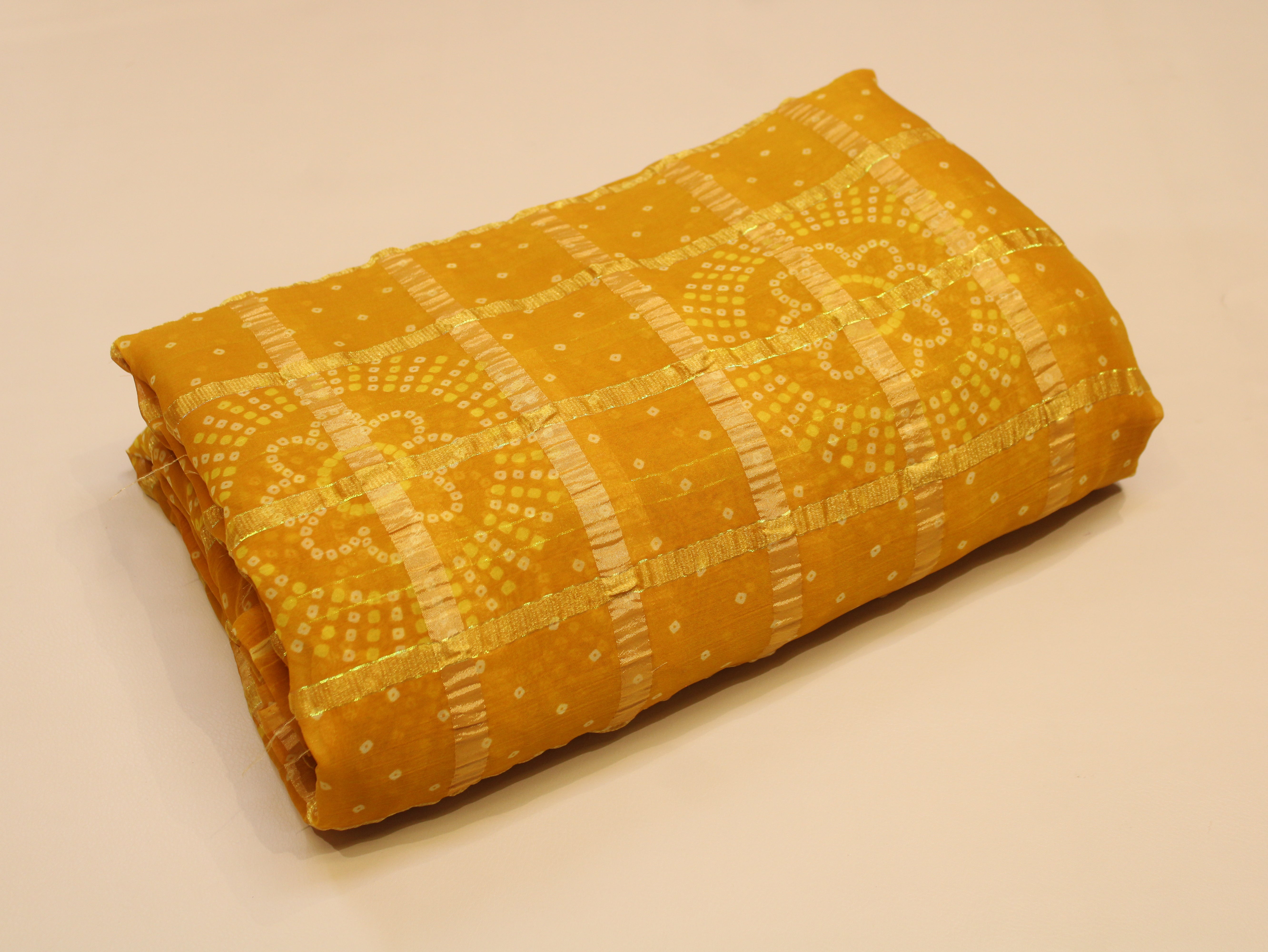 Faux Georgette Bandhini with Zari Woven Check Design 44 Inches | Yellow
