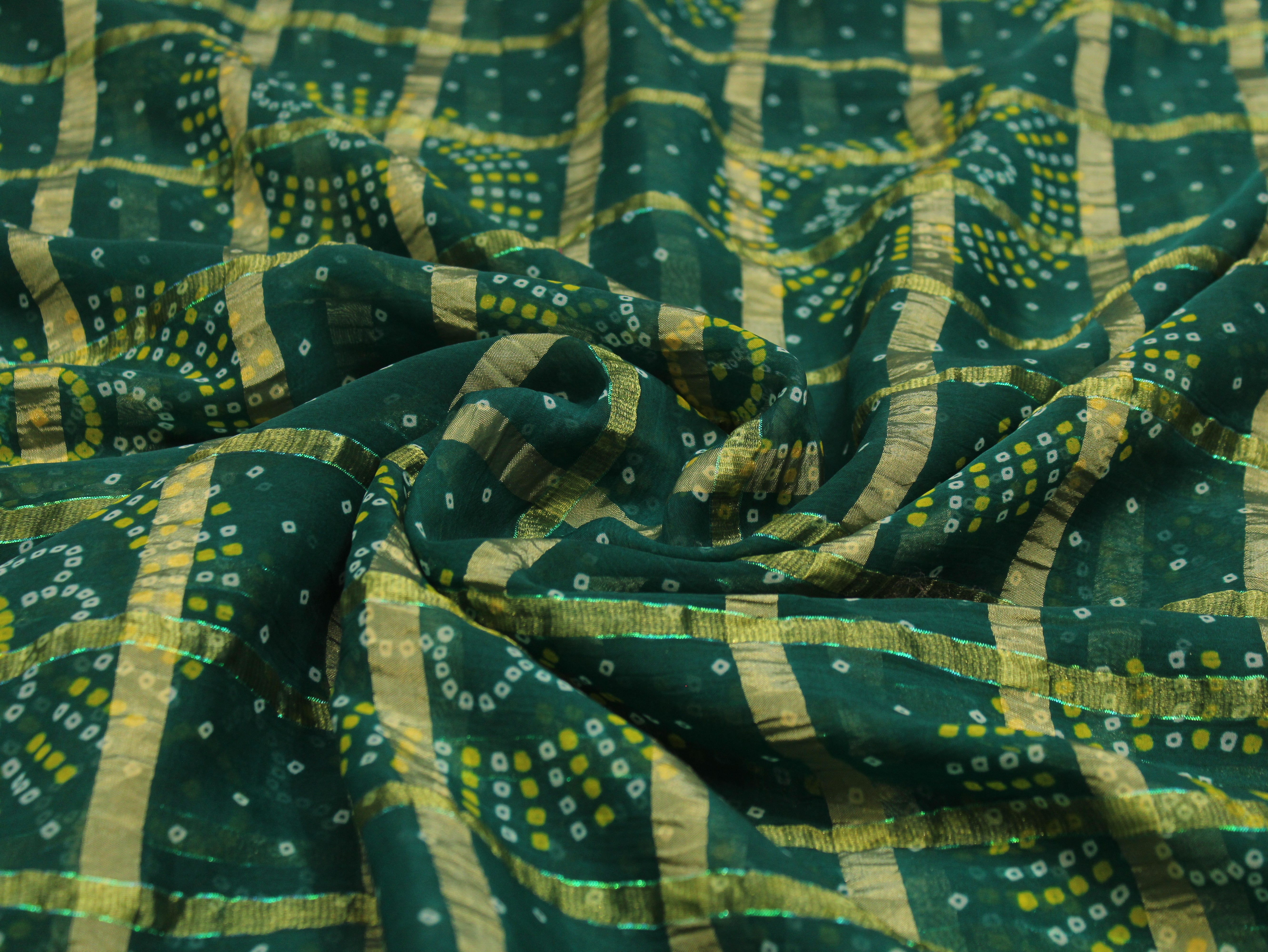 Faux Georgette Bandhini with Zari Woven Check Design 44 Inches | Rama Green